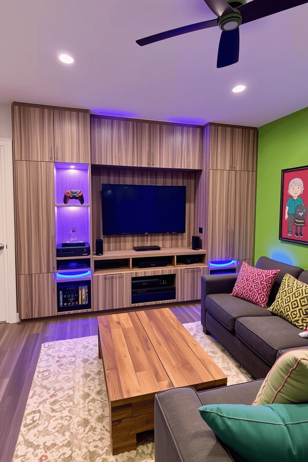 A custom-built gaming station for consoles featuring sleek, modern cabinetry with integrated LED lighting. The setup includes a large wall-mounted screen, comfortable seating with plush cushions, and a dedicated area for game storage. The family game room design incorporates a cozy atmosphere with a sectional sofa and a coffee table made from reclaimed wood. Brightly colored accent walls and playful artwork create an inviting space for family gatherings and entertainment.