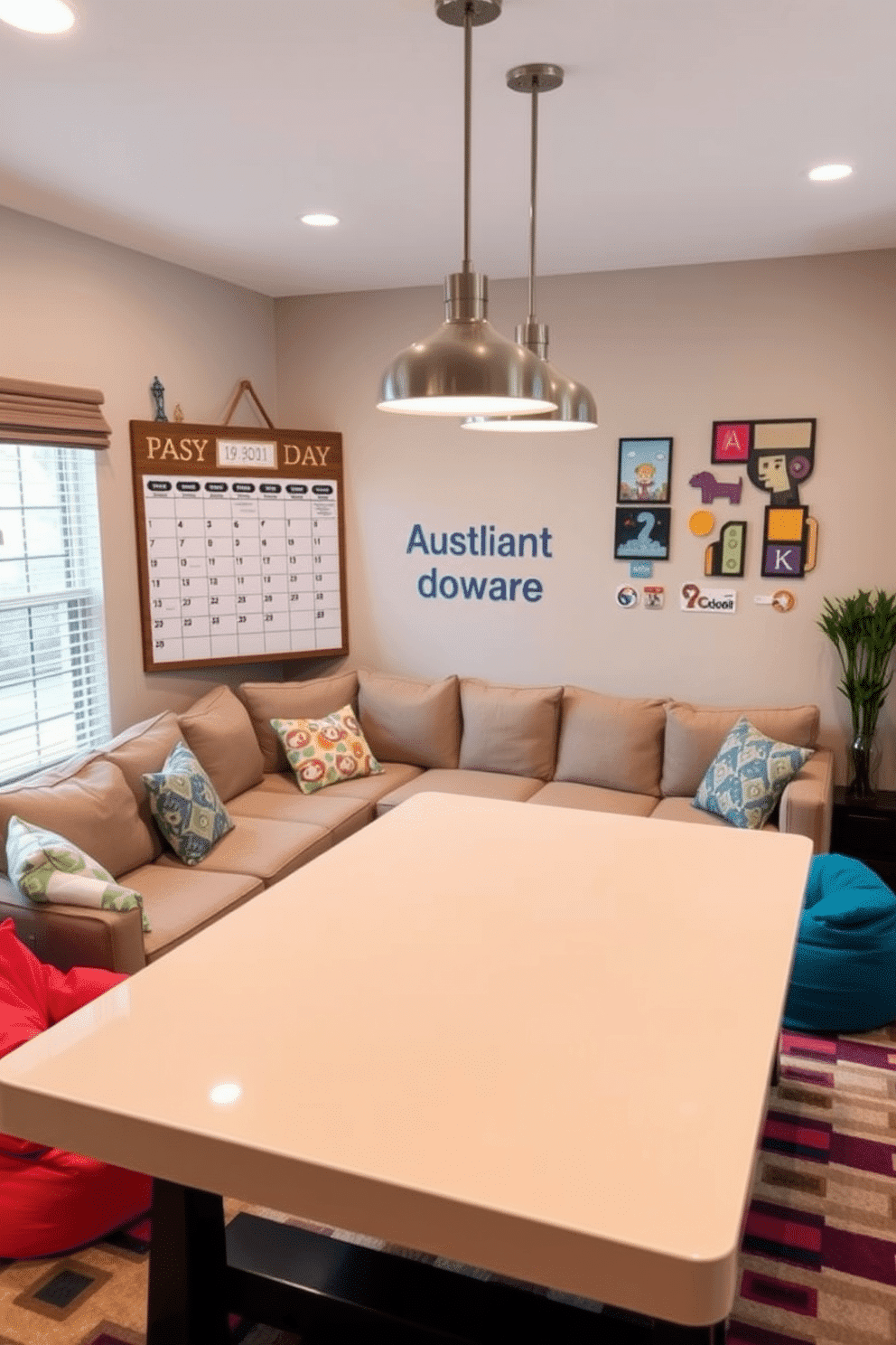 A cozy family game room filled with indoor plants for a refreshing touch. The space features a large sectional sofa in a soft gray fabric, surrounded by vibrant potted plants that add life and color to the room. A wooden coffee table sits in the center, adorned with board games and a few decorative books. The walls are painted in a warm beige hue, complemented by a playful gallery of family photos and art, creating an inviting atmosphere for gatherings.