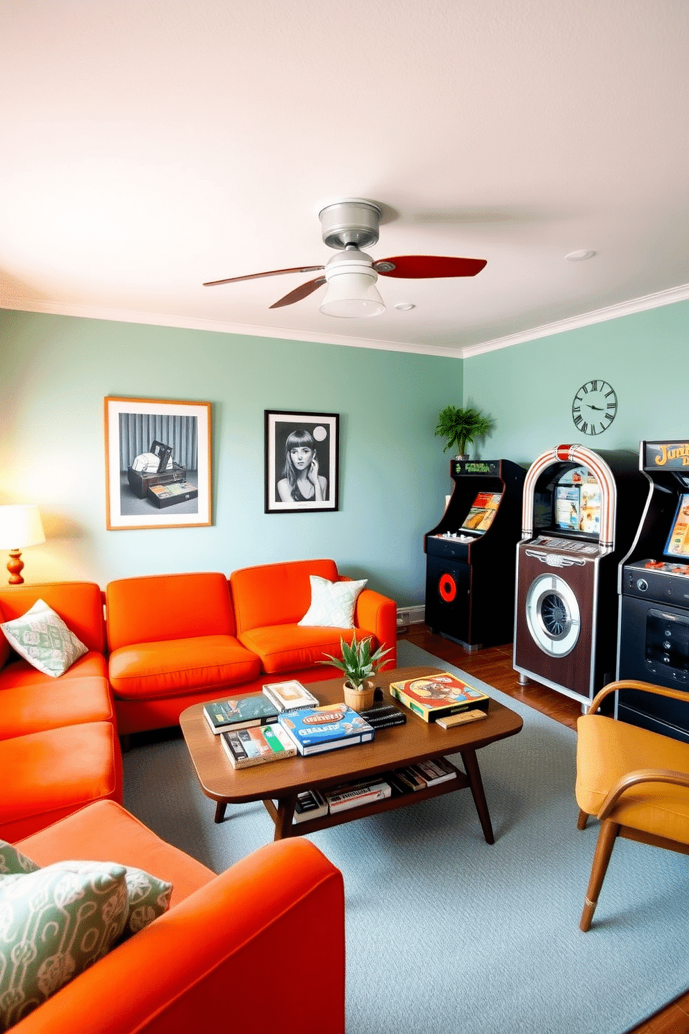 A cozy family game room features retro furniture pieces that exude a vintage vibe. A bright orange sectional sofa with rounded edges is paired with a mid-century modern coffee table, adorned with a collection of board games. The walls are painted in a soft teal, creating a cheerful atmosphere. A vintage jukebox stands in the corner, while a classic arcade machine adds a playful touch to the space.