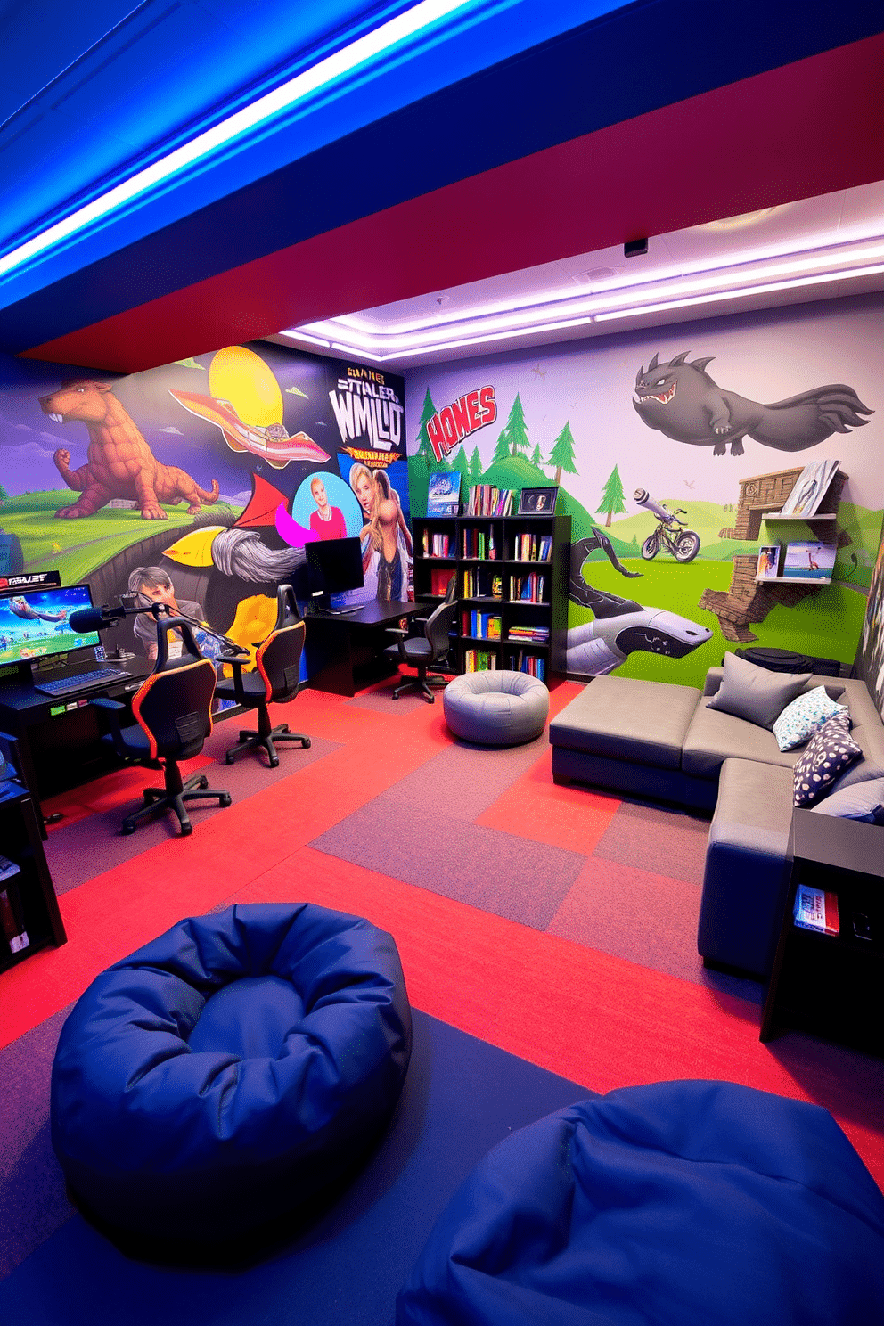 A vibrant interactive gaming area designed for active fun, featuring a spacious layout with colorful wall murals depicting various game themes. The floor is cushioned with soft, durable foam tiles, and there are multiple gaming stations equipped with consoles, VR setups, and a large screen for group play. In one corner, a cozy seating area with bean bags and a sectional sofa invites relaxation between games. Bright LED lighting enhances the energetic atmosphere, while shelves filled with board games and gaming accessories add a playful touch to the room.