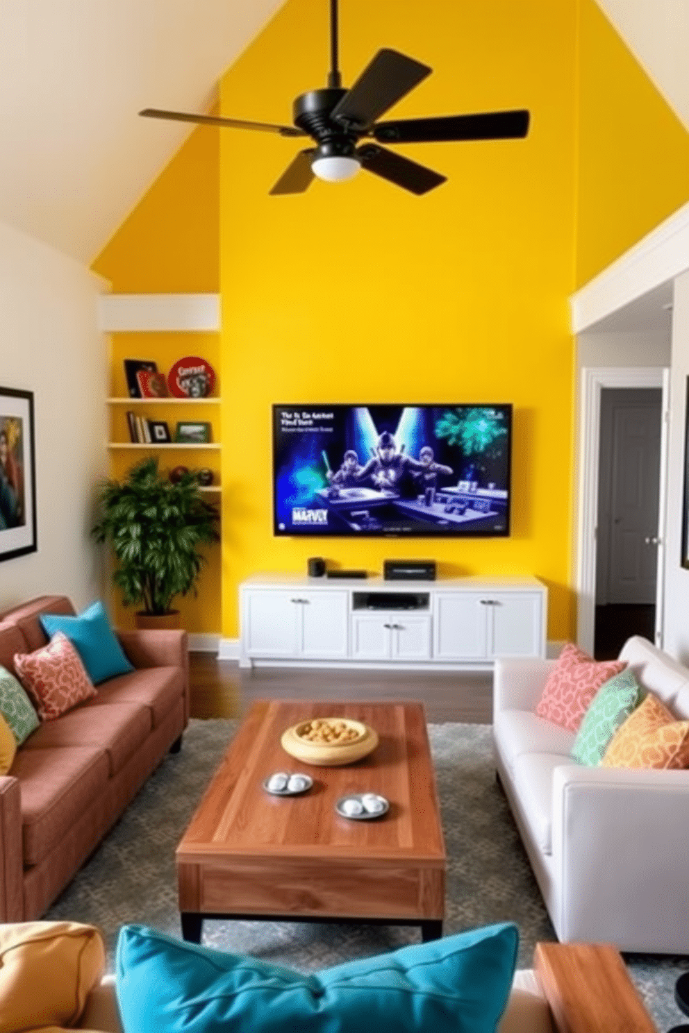 A vibrant family game room filled with vintage arcade machines, creating a nostalgic atmosphere. The walls are adorned with retro posters, and colorful LED lights illuminate the space, enhancing the playful vibe. Comfortable seating options, such as bean bags and a large sectional sofa, are arranged around a central coffee table. A plush rug anchors the room, providing a cozy spot for family and friends to gather and enjoy game nights together.