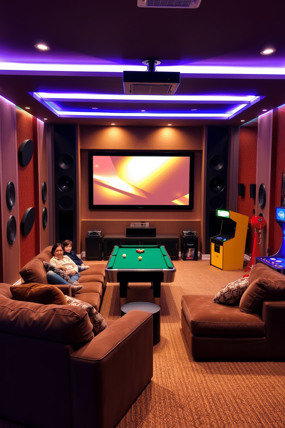 A cozy family game room designed for various gaming atmospheres. The space features adjustable mood lighting, with soft, warm hues for relaxed board game nights and vibrant colors for energetic video game sessions. Plush seating arrangements are strategically placed around a central coffee table, inviting family members to gather comfortably. The walls are adorned with framed game posters and shelves displaying collectibles, creating a personalized and fun environment.