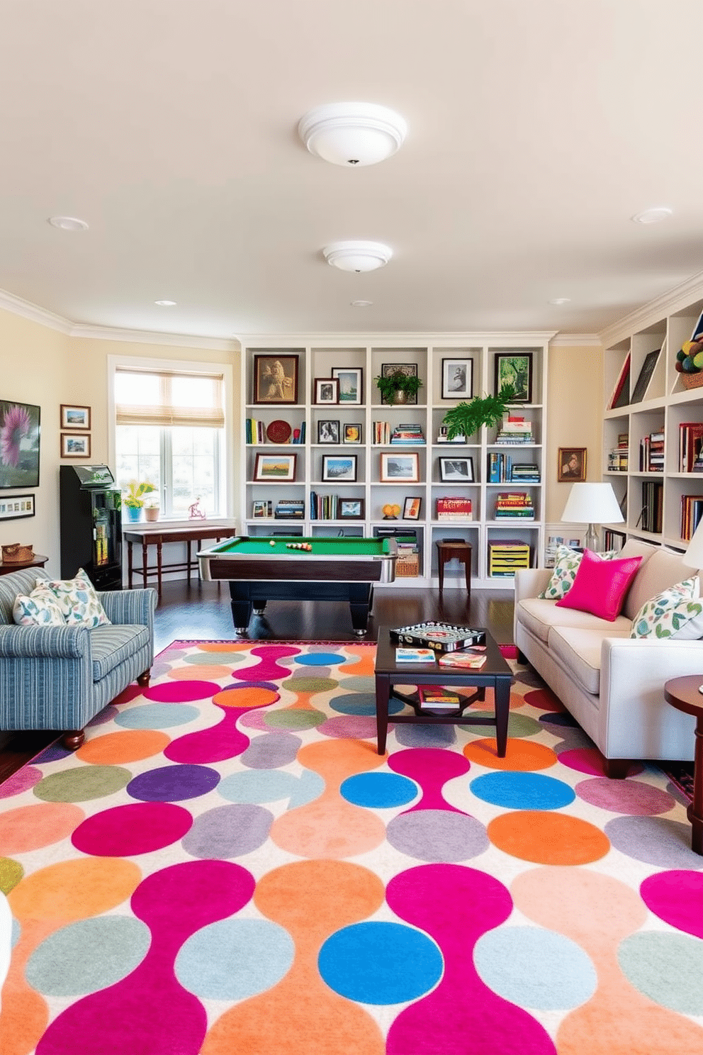 A bright family game room features a large, colorful area rug that adds warmth and comfort underfoot, creating a cozy atmosphere for family gatherings. The room is filled with a variety of games, including a pool table and board games, surrounded by comfortable seating options in vibrant fabrics. Incorporating playful decor elements, the walls are adorned with framed artwork and family photos that reflect the fun spirit of the space. Soft lighting fixtures provide a welcoming ambiance, while strategically placed shelves hold games and books for easy access and organization.