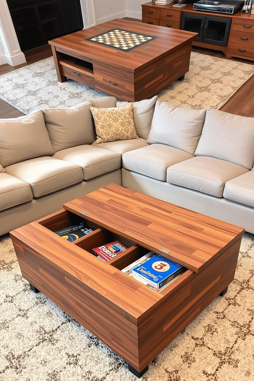 A multi-functional coffee table designed for a family game room features a sleek wooden finish with hidden compartments for game storage. The table is surrounded by a cozy sectional sofa in soft, durable fabric, creating a welcoming space for family gatherings and game nights.