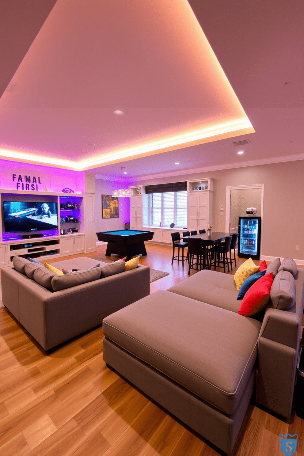 A family game room designed for fun and relaxation features a spacious layout with a large sectional sofa in a soft gray fabric, accented by colorful throw pillows. The walls are adorned with playful artwork, and a custom-built entertainment center holds a flat-screen TV and gaming consoles, while LED strip lights illuminate the room with a vibrant ambiance. In one corner, a pool table is surrounded by high-top stools, and a mini-fridge stocked with snacks and drinks is easily accessible. The flooring is a durable laminate in a warm wood tone, providing a cozy yet practical space for family gatherings and game nights.