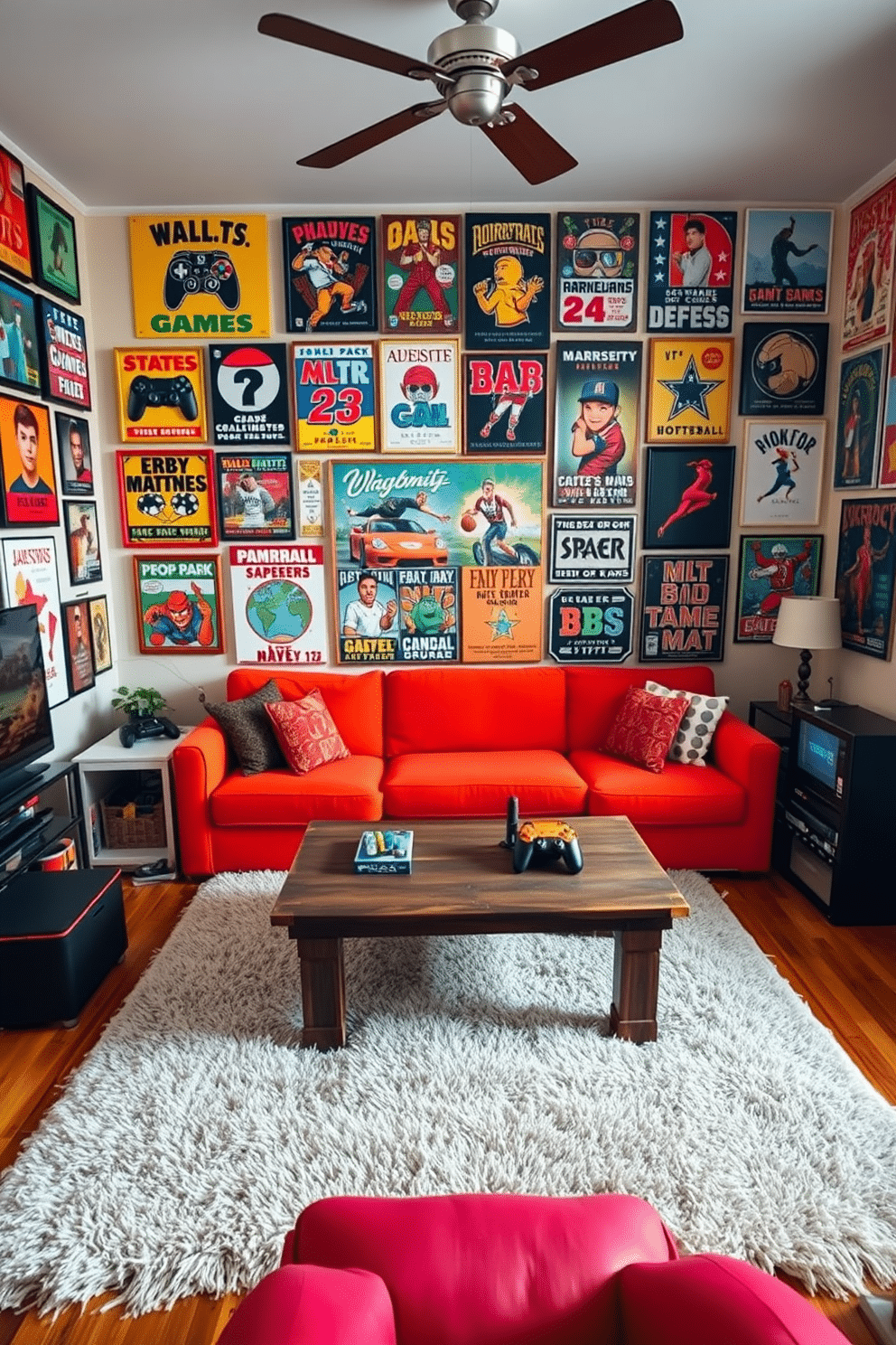 A vibrant family game room featuring an eclectic mix of themed wall art and posters. The walls are adorned with colorful, framed prints showcasing various games, sports, and pop culture references, creating an energetic atmosphere. In the center of the room, a large sectional sofa in a bold color provides ample seating for family and friends. A rustic coffee table sits atop a plush area rug, surrounded by game consoles and board games, inviting everyone to gather and enjoy their favorite activities.