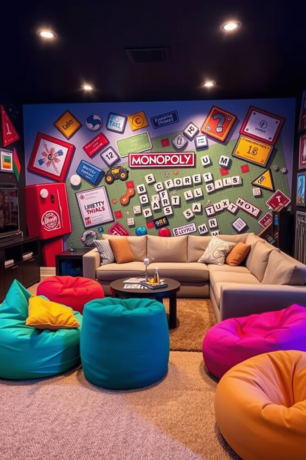 A vibrant family game room featuring an interactive board game wall mural that invites playful engagement. The room is filled with cozy seating options, including a plush sectional sofa and colorful bean bags, creating a welcoming atmosphere for family gatherings. The mural showcases classic board games like Monopoly and Scrabble, artistically integrated into the design, enhancing the room's fun vibe. Soft, ambient lighting complements the bright colors of the mural, making the space perfect for both daytime play and evening entertainment.