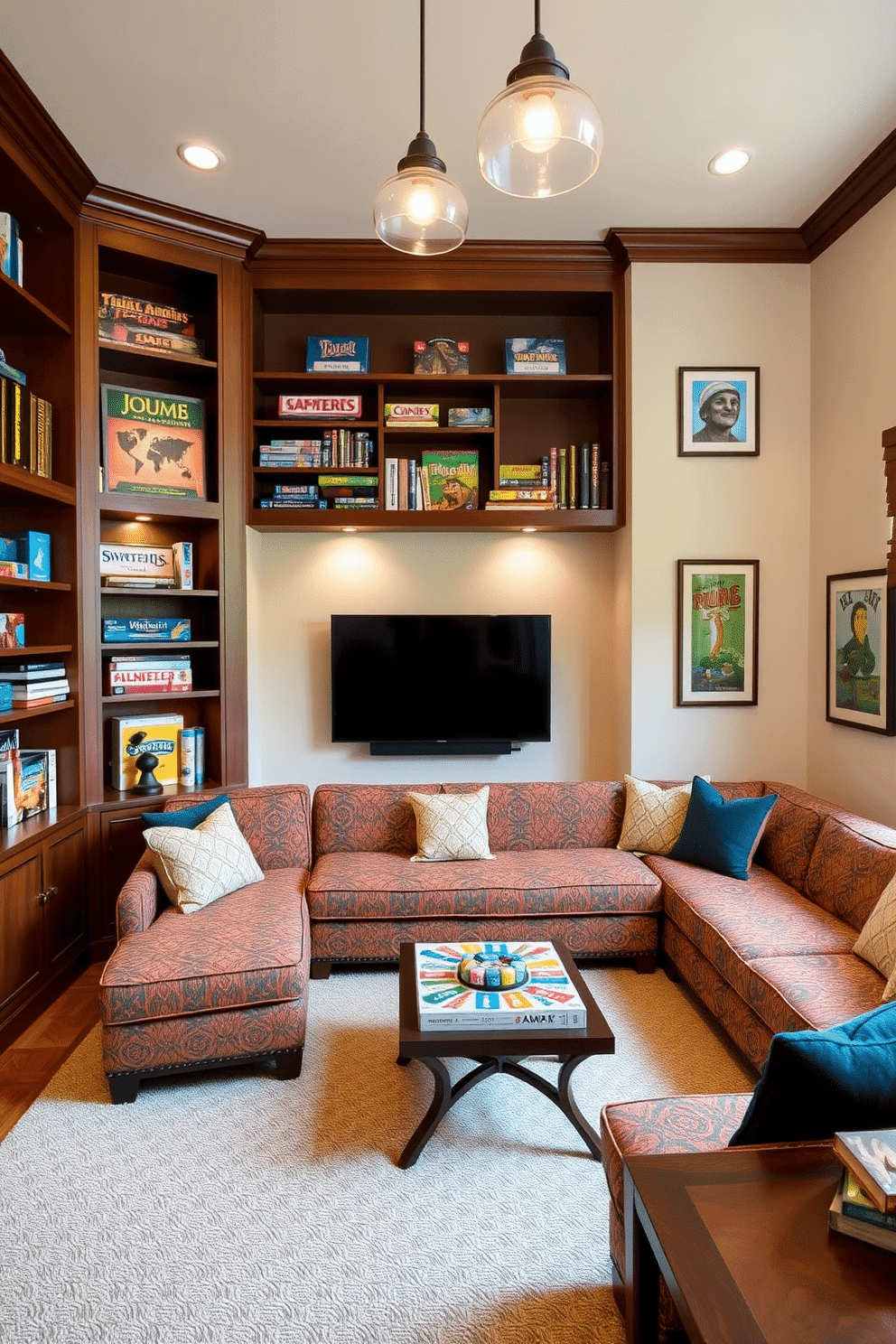 A cozy family game room featuring built-in shelves that elegantly display an array of board games. The shelves are crafted from rich mahogany, providing a warm contrast to the soft, light-colored walls adorned with playful artwork. A comfortable sectional sofa in a vibrant fabric surrounds a central coffee table, perfect for game nights. Soft, ambient lighting from stylish pendant fixtures creates an inviting atmosphere for family gatherings and fun-filled evenings.