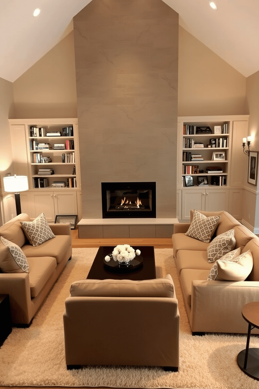 A cozy family room features a large, plush sectional sofa positioned around a modern fireplace, creating an inviting atmosphere. The walls are painted in warm beige tones, and a soft area rug lies beneath the seating area to enhance comfort and style. Flanking the fireplace are built-in bookshelves filled with books and decorative items, adding personality to the space. Soft, ambient lighting from stylish floor lamps and wall sconces creates a warm glow, perfect for relaxation and family gatherings.