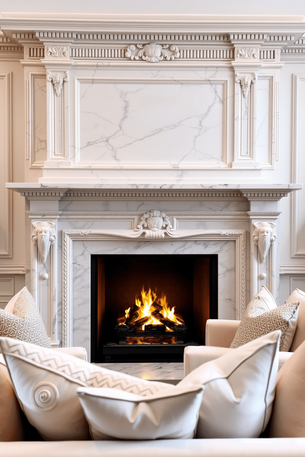 Elegant marble fireplace with ornate details. The fireplace is framed by intricate carvings and has a polished marble mantel that reflects the warm glow of the fire. The family room features plush seating arranged around the fireplace, creating an inviting atmosphere. Soft, neutral tones dominate the decor, while accent pillows add a pop of color and texture.