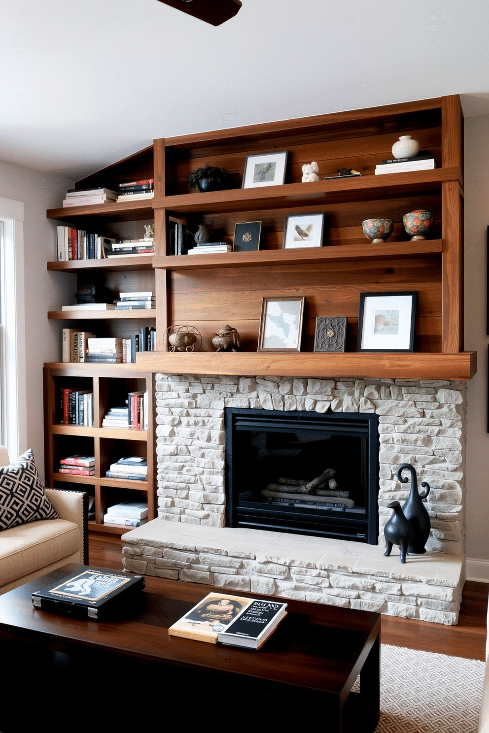 A cozy family room features open shelving that showcases a curated selection of books and decorative items. The shelves are made of reclaimed wood, complementing a modern fireplace that serves as the room's focal point, surrounded by a stylish stone facade.