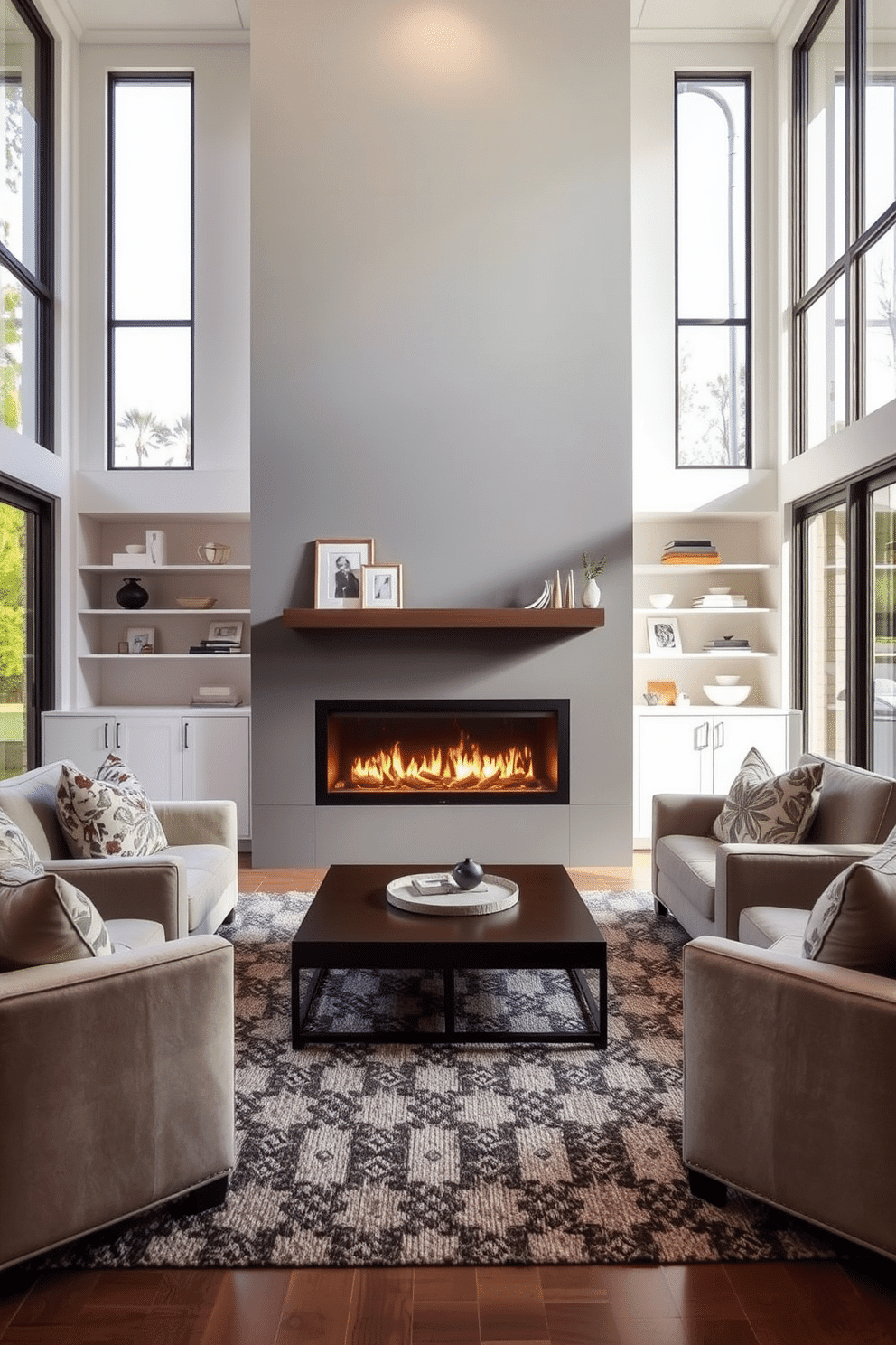 A contemporary fireplace with a sleek glass front serves as the focal point of the family room, blending modern aesthetics with warmth. Surrounding the fireplace, plush seating in neutral tones invites relaxation, while a textured area rug adds depth to the space. Large windows allow natural light to flood in, enhancing the airy feel of the room. Minimalist shelving units flank the fireplace, displaying curated decor and personal mementos for a personalized touch.