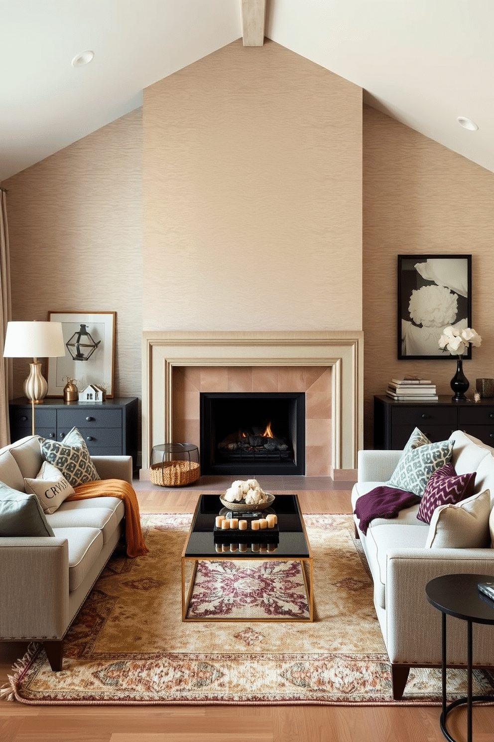 A cozy family room featuring a striking fireplace as the focal point. The wall behind the fireplace is adorned with textured wallpaper in a soft, neutral tone, adding depth and warmth to the space. Plush seating arrangements with a mix of modern and vintage furniture create an inviting atmosphere. A large area rug anchors the seating, while decorative pillows and throws add pops of color and comfort.