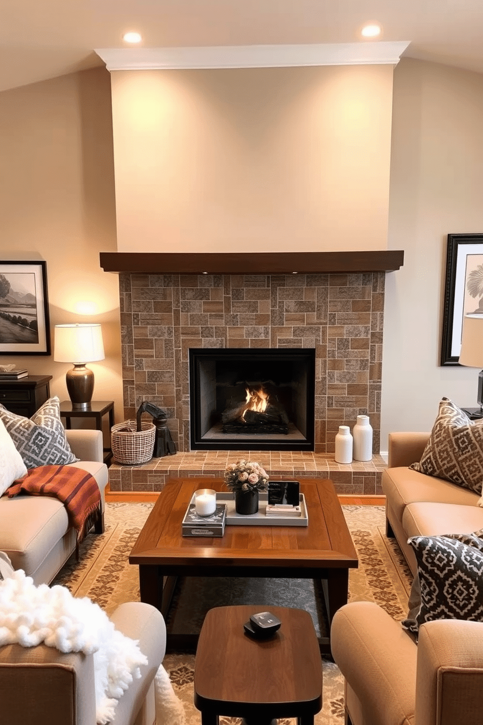 A cozy family room featuring a stunning fireplace with a custom tile surround that adds a unique flair to the space. The room is adorned with plush seating, a wooden coffee table, and warm lighting that creates an inviting atmosphere for gatherings. The fireplace is the focal point, framed by beautifully patterned tiles in earthy tones. Soft throw blankets and decorative pillows enhance the comfort of the seating area, while artwork on the walls adds a personal touch to the decor.