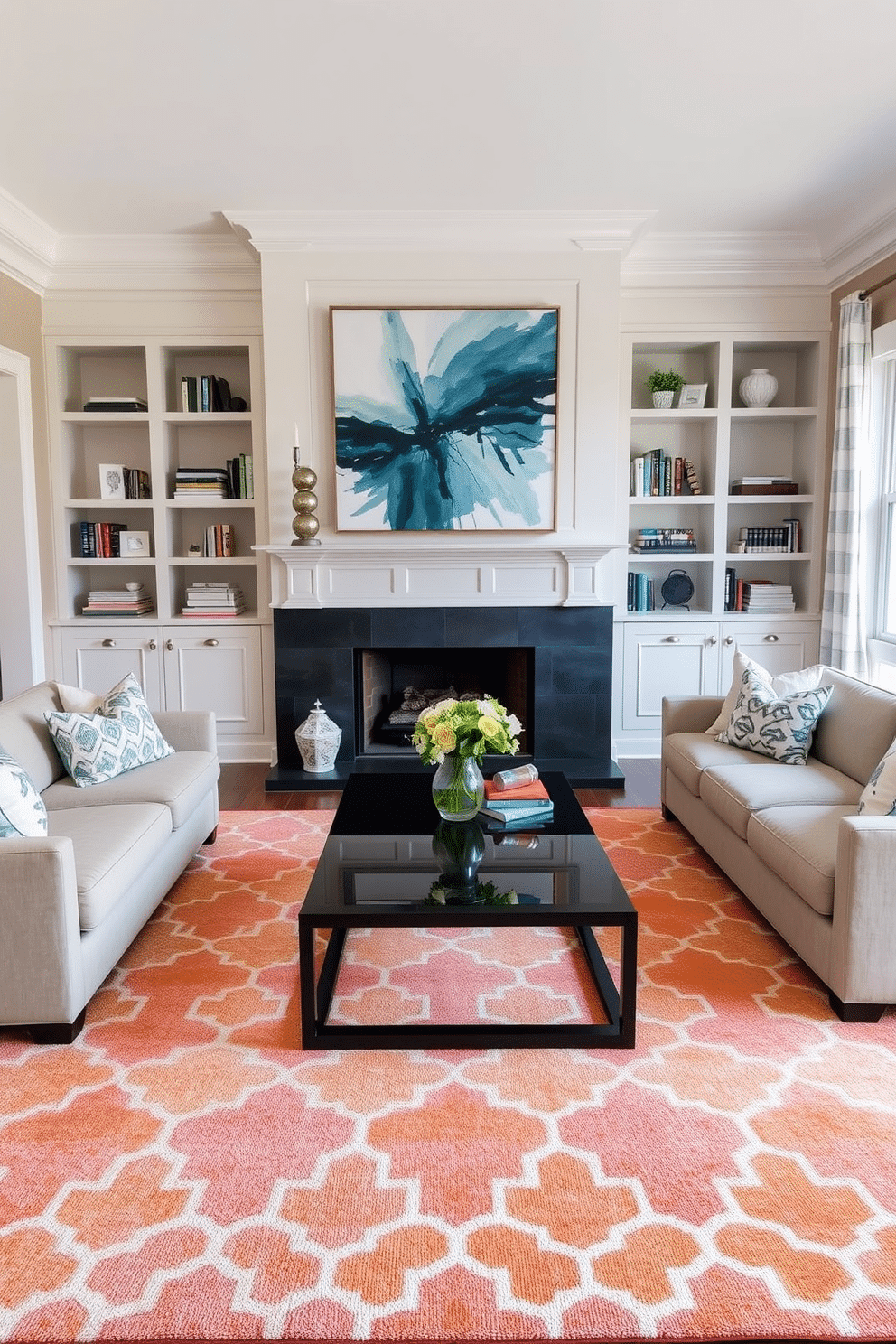 A bright area rug anchors the family room, featuring a vibrant geometric pattern that adds a pop of color to the space. Surrounding the rug, a cozy sectional sofa in neutral tones invites relaxation, while a sleek coffee table sits at the center, perfect for gatherings. The fireplace serves as a stunning focal point, framed by built-in shelves adorned with books and decorative accents. Above the mantel, a large piece of artwork complements the room's color scheme, enhancing the warm and inviting atmosphere.