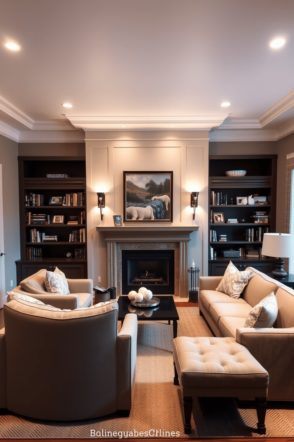 A cozy family room designed around a central fireplace features layered lighting that creates a warm and inviting atmosphere. Soft recessed lights illuminate the ceiling, while stylish sconces flanking the fireplace add a touch of elegance and enhance the room's ambiance. The fireplace is framed by built-in shelves filled with books and decorative items, creating a focal point for the room. Plush seating arrangements, including a large sectional sofa and accent chairs, are positioned to encourage conversation and relaxation, complemented by a textured area rug beneath.