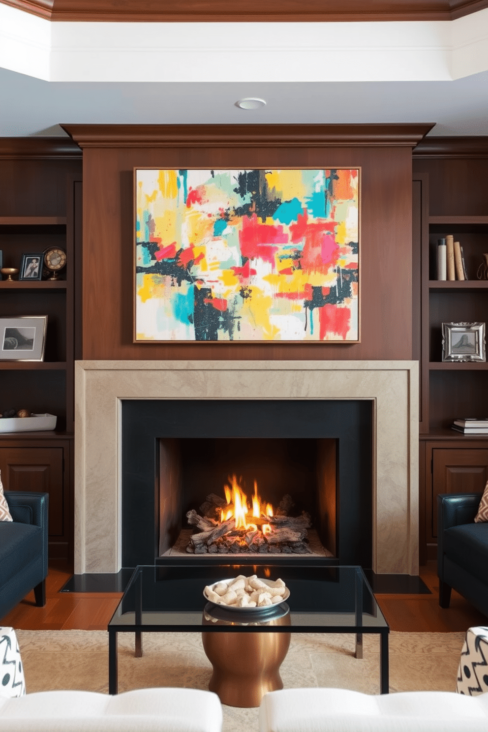 A cozy family room features a stunning fireplace as the focal point, with an oversized piece of abstract artwork hanging above the mantel. The artwork is a vibrant mix of colors that complements the warm tones of the room, creating an inviting atmosphere for relaxation and gatherings.