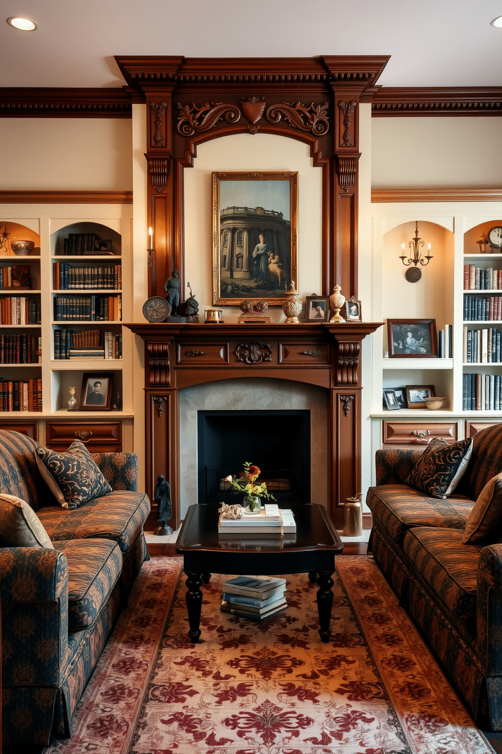 A traditional fireplace serves as the focal point of the family room, surrounded by intricately carved wooden mantelpieces and vintage decor items. Plush, overstuffed sofas are arranged in a cozy configuration, accented by patterned throw pillows and a soft area rug that complements the warm color palette. On either side of the fireplace, built-in bookshelves display an array of classic novels and cherished family photos, adding a personal touch to the space. Soft, ambient lighting from antique sconces enhances the inviting atmosphere, making it the perfect spot for family gatherings and relaxation.