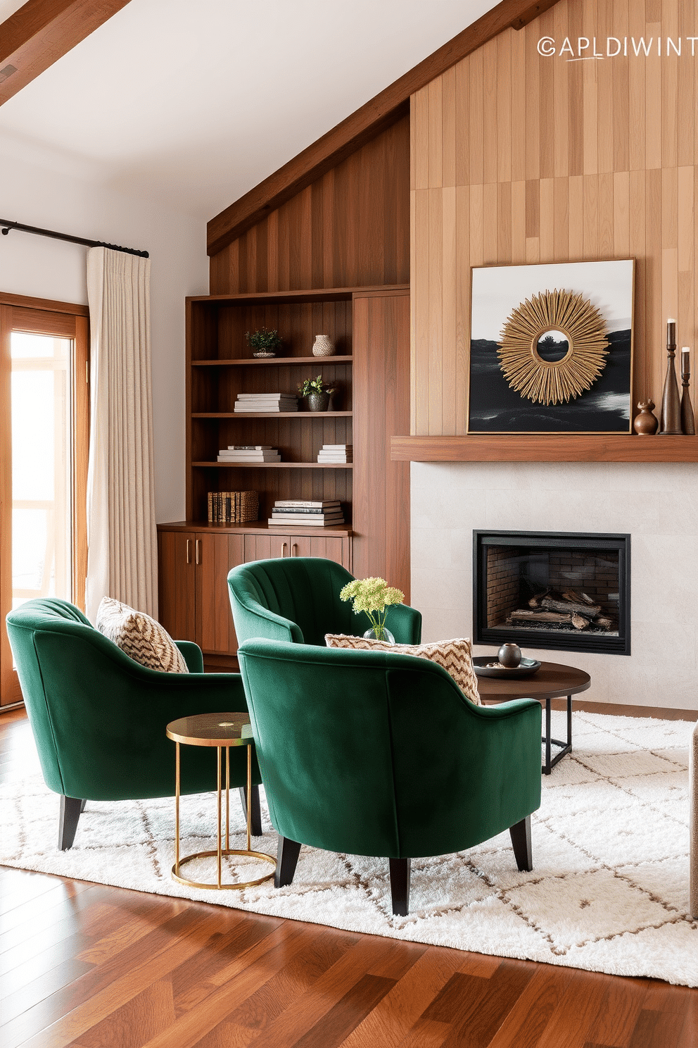 A cozy family room featuring luxe velvet chairs positioned invitingly near a modern fireplace. The chairs are in a rich emerald green, complemented by a plush area rug and warm wooden accents throughout the space.