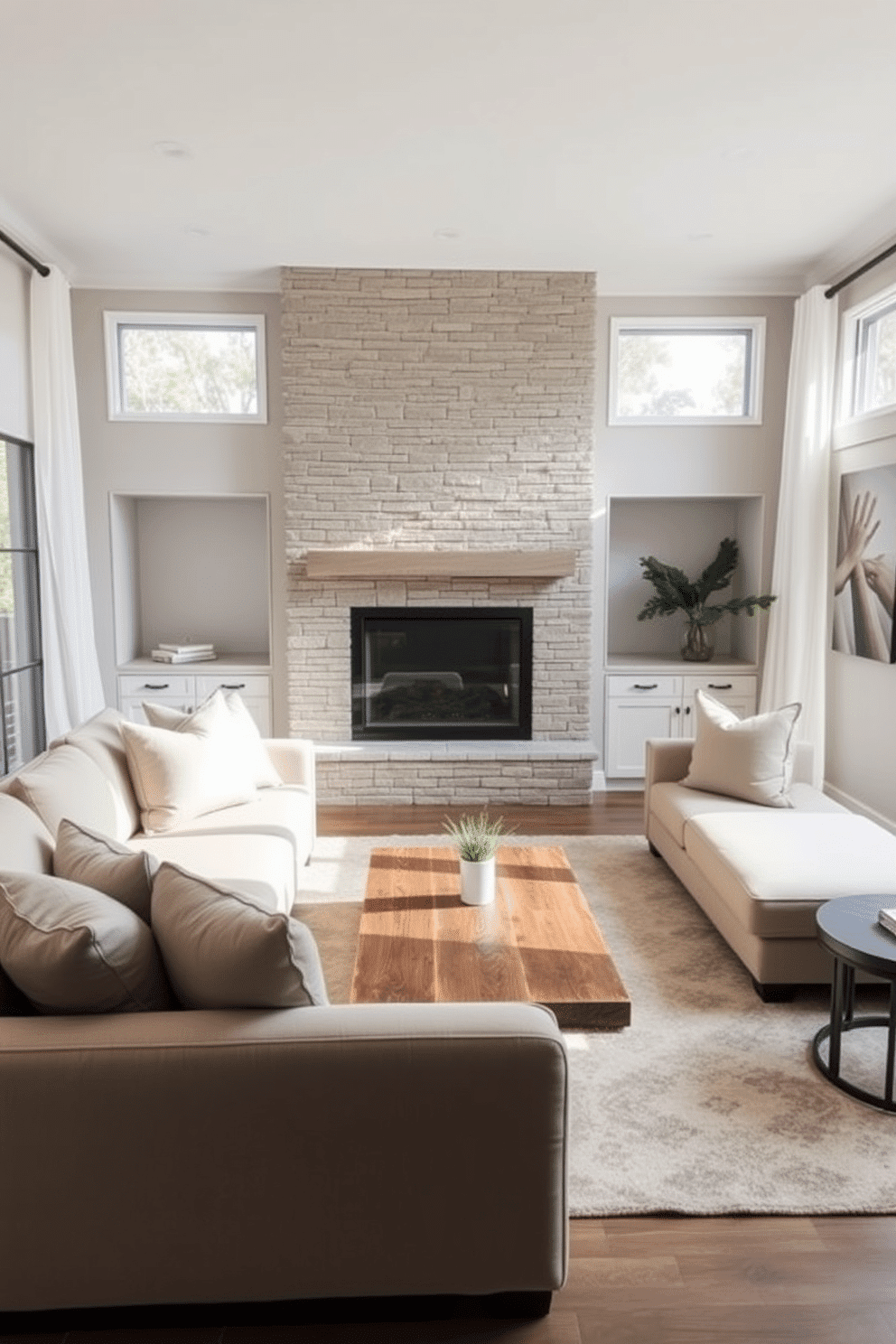 A family room designed with neutral tones creates a calming atmosphere, featuring a plush beige sectional sofa adorned with soft gray and cream throw pillows. A modern fireplace with a sleek stone facade serves as the focal point, complemented by a minimalist coffee table made of reclaimed wood. Large windows allow natural light to flood the space, with sheer white curtains gently diffusing the sunlight. A cozy area rug in muted tones anchors the seating arrangement, while tasteful artwork in soft colors adorns the walls, enhancing the serene ambiance.