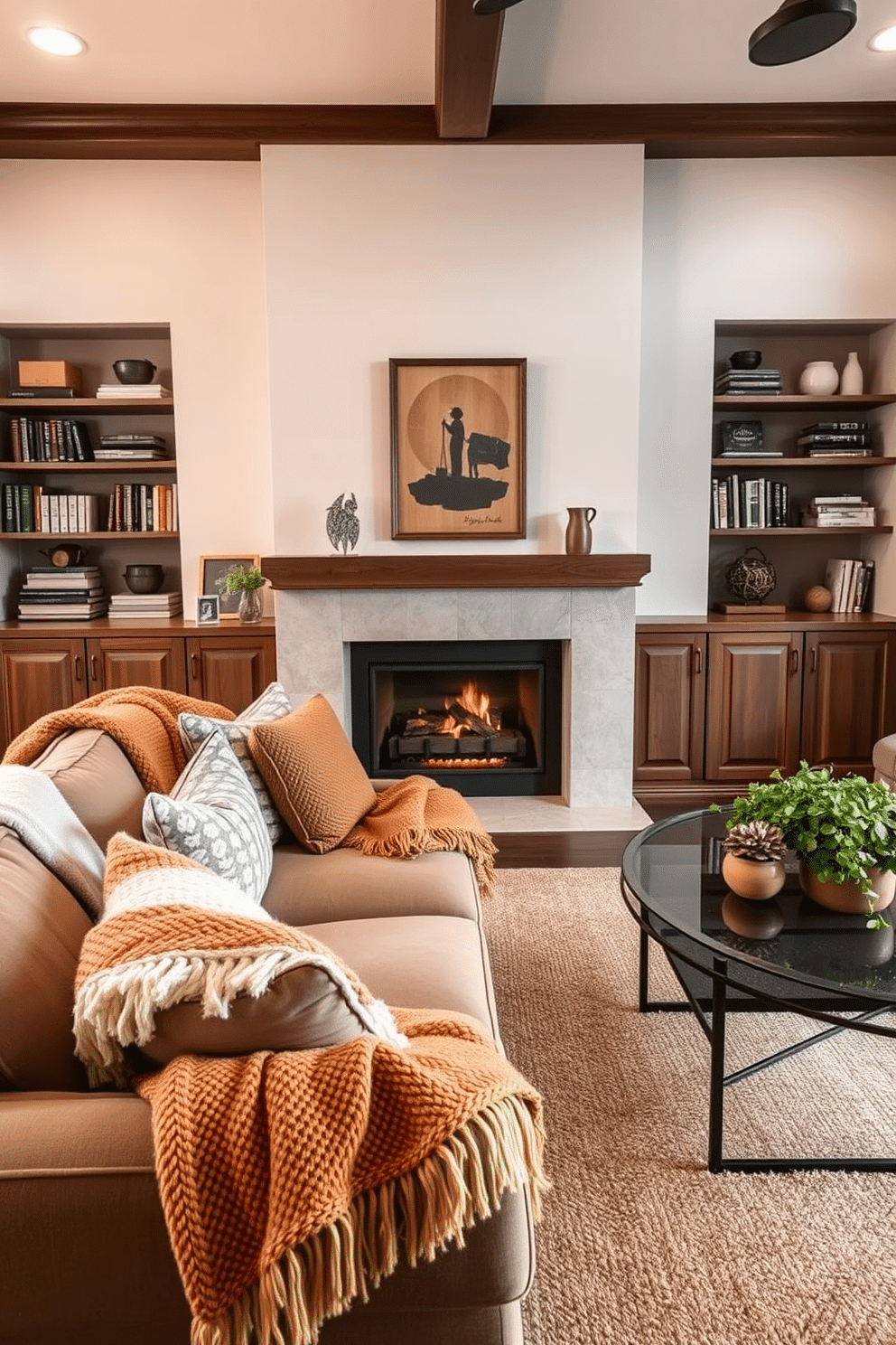 A cozy family room features a plush sectional sofa adorned with soft, textured throw blankets in warm, inviting colors. A modern fireplace adds a focal point, surrounded by built-in shelves filled with books and decorative items, creating a welcoming atmosphere for relaxation and gatherings.