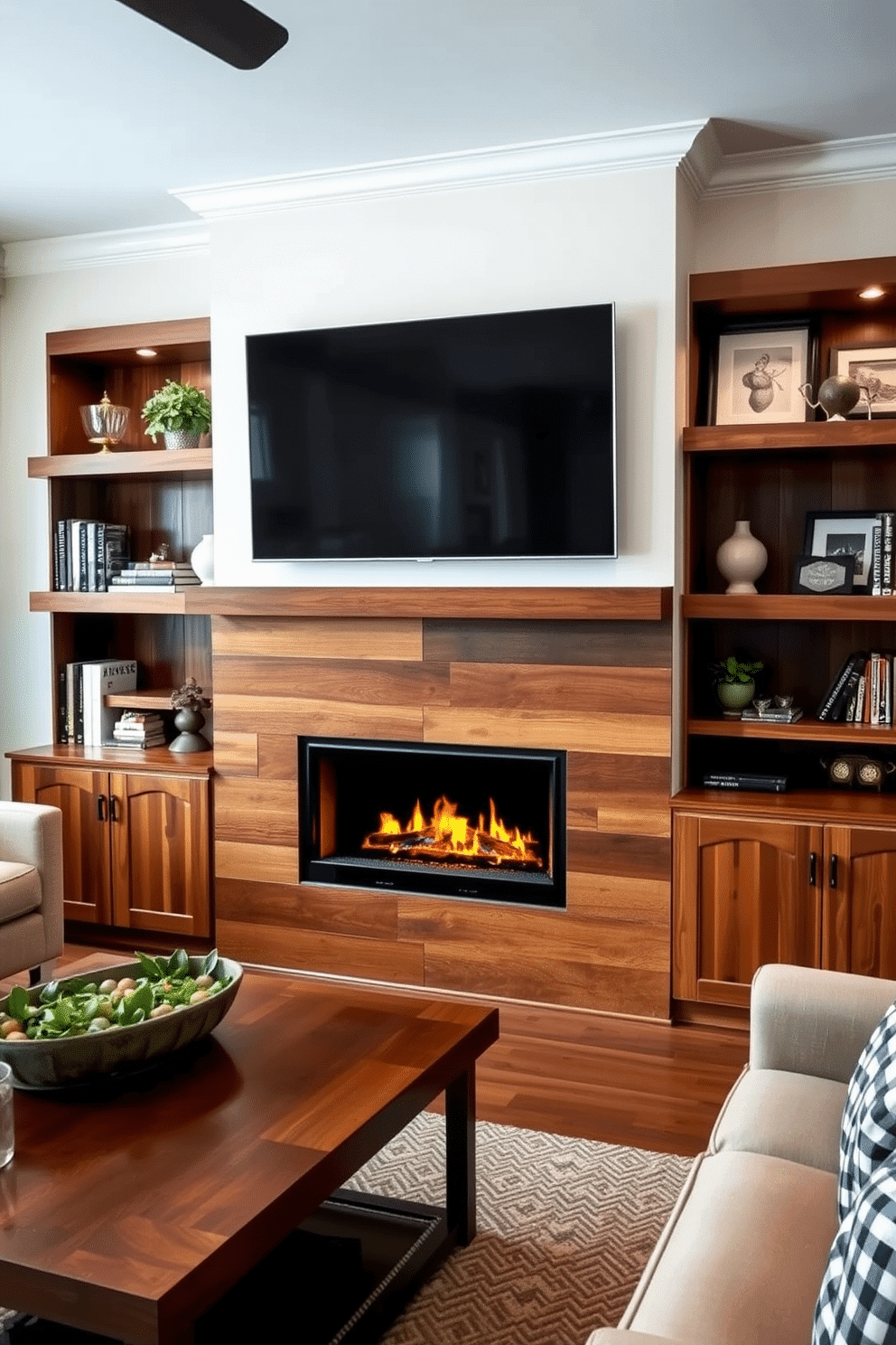 A cozy family room featuring a modern fireplace seamlessly integrated into a built-in media console. The console is crafted from reclaimed wood, showcasing a sleek TV above the fireplace, flanked by stylish shelves filled with books and decorative items.