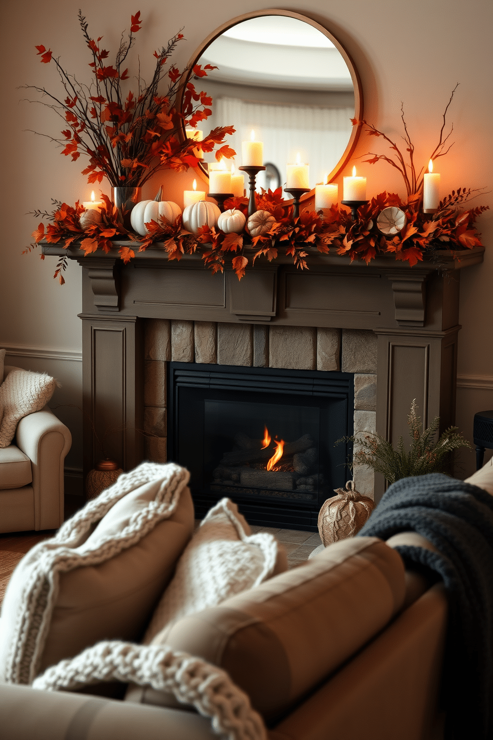 A cozy family room features a beautifully decorated mantel adorned with seasonal decor. The rich hues of autumn leaves and pumpkins create a warm atmosphere, while flickering candles add a touch of elegance. The fireplace serves as the focal point of the room, surrounded by plush seating and soft throw blankets. A mix of textures, such as knitted cushions and a woven rug, enhances the inviting ambiance.