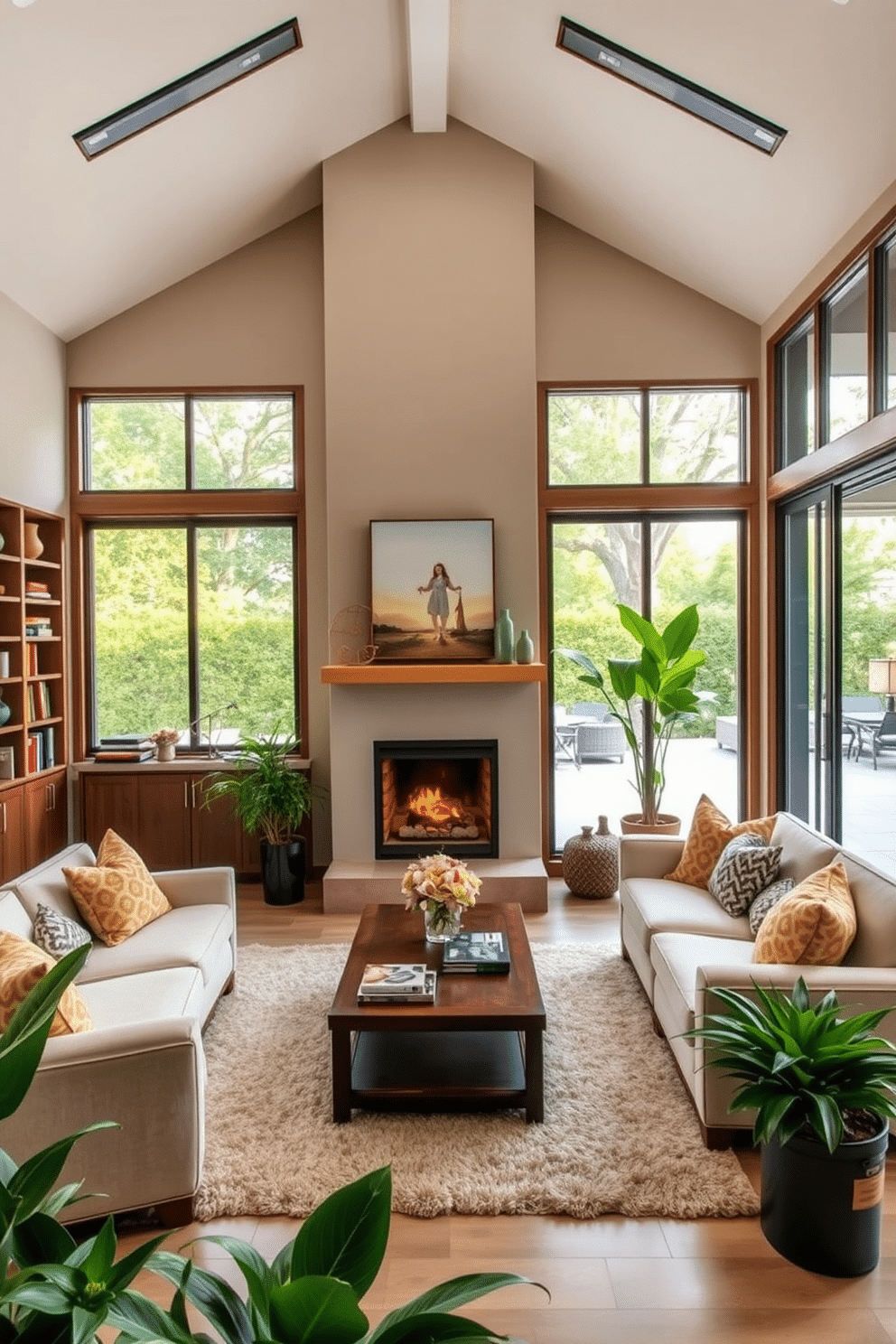 A spacious family room featuring large glass doors that open to an outdoor patio, allowing natural light to flood the space. The design includes a cozy fireplace as the focal point, surrounded by custom built-in shelves filled with books and decorative items. The room is adorned with plush seating in neutral tones, complemented by colorful accent pillows. A soft area rug anchors the seating arrangement, while large potted plants add a touch of greenery to the inviting atmosphere.