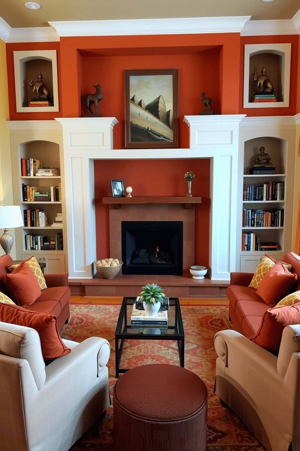 A cozy family room featuring a warm color palette that creates an inviting ambiance. The walls are painted in a soft beige, complemented by rich terracotta accents in the furniture and decor. A stylish fireplace serves as the focal point, surrounded by built-in bookshelves filled with colorful books and decorative items. Plush seating arrangements with oversized cushions invite relaxation, while a large area rug adds texture and warmth to the space.