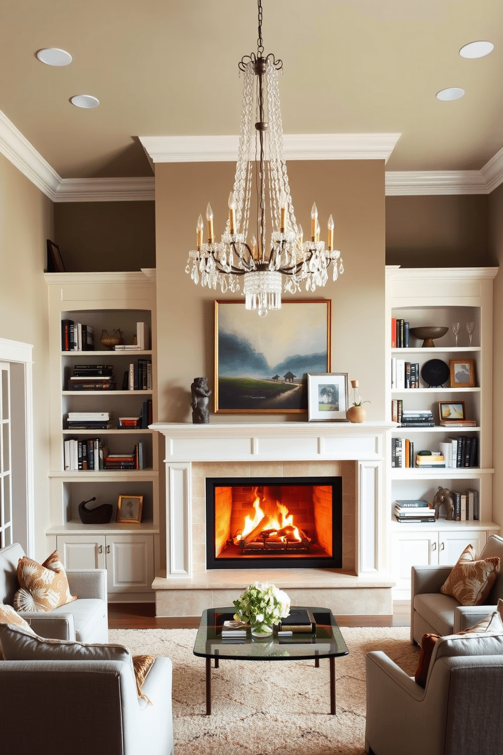 A spacious family room featuring a cozy fireplace as the focal point, surrounded by built-in shelves filled with books and decorative items. Above the seating area, an elegant chandelier with crystal accents casts a warm glow, enhancing the inviting atmosphere of the room.