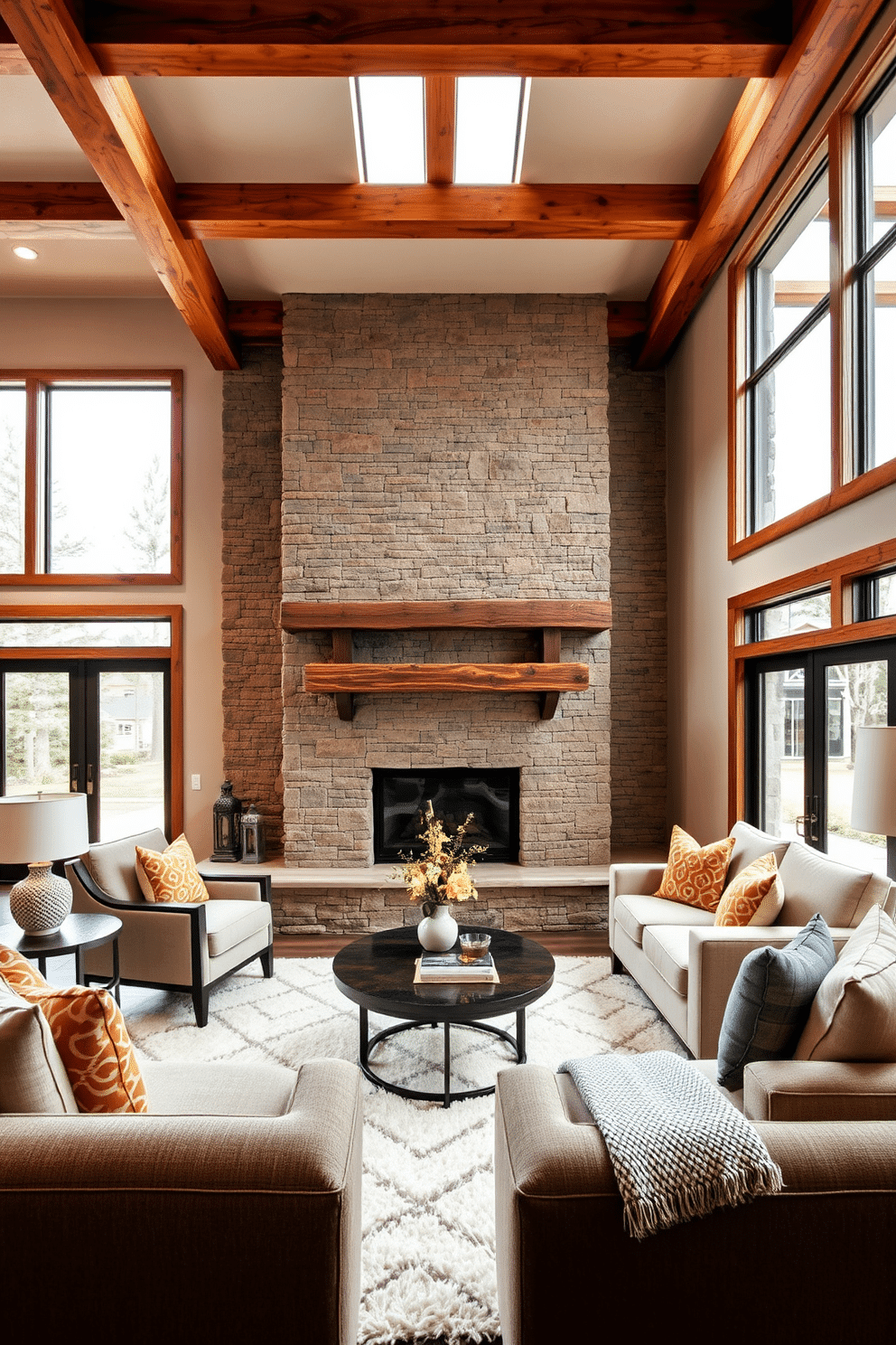 A cozy family room that beautifully blends modern and rustic elements. The focal point is a large stone fireplace with a reclaimed wood mantel, surrounded by comfortable, contemporary furniture in neutral tones. Large windows allow natural light to flood the space, highlighting the warm wooden beams on the ceiling. A plush area rug anchors the seating area, while decorative throw pillows add a pop of color and texture.