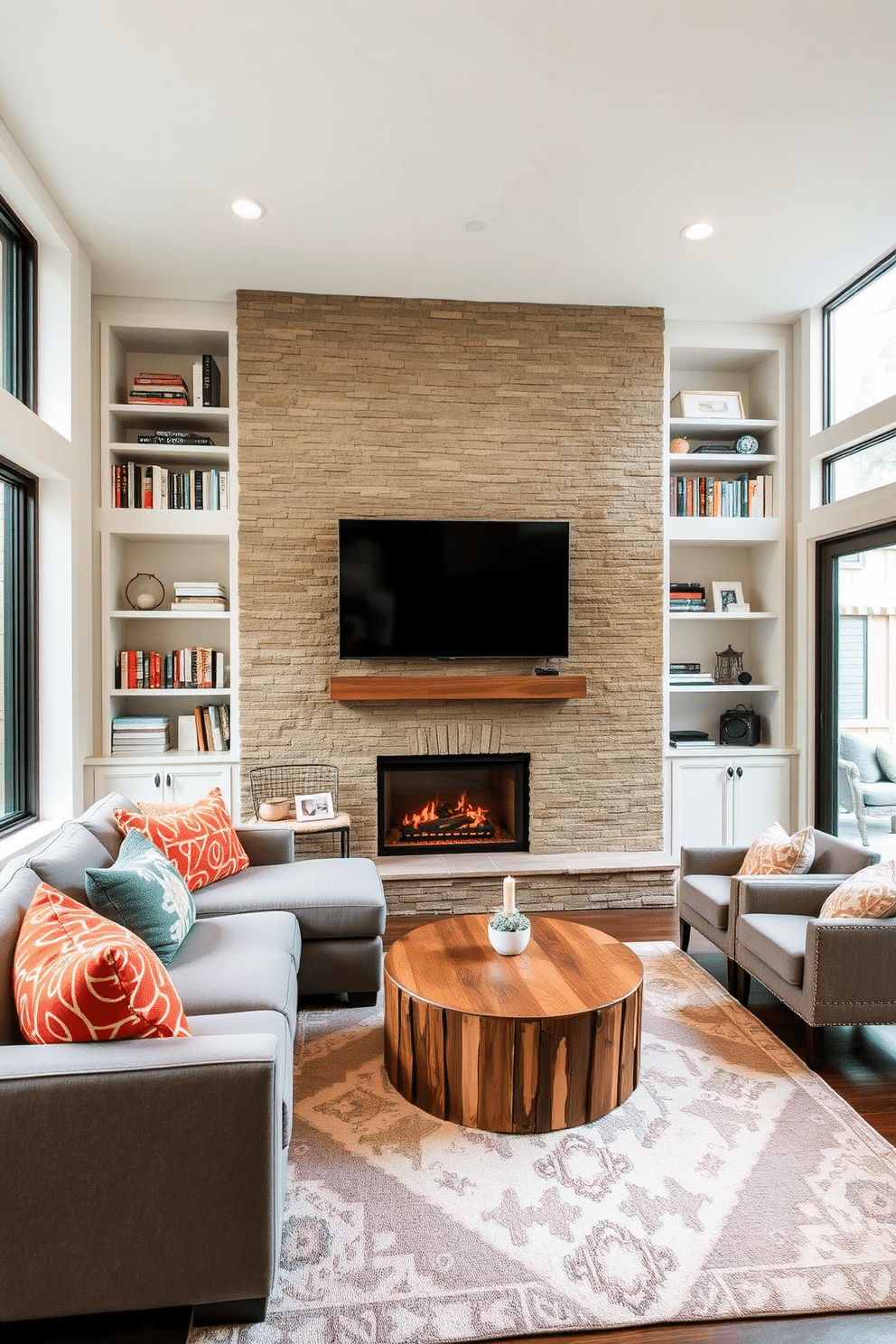 A cozy fireplace nook features a modern, stone-clad fireplace as the focal point, surrounded by built-in shelves filled with books and decorative items. The seating area includes a plush sectional sofa in soft gray, adorned with colorful throw pillows, and a round coffee table made of reclaimed wood. The family room is designed for relaxation and entertainment, with large windows allowing natural light to flood the space. A stylish area rug anchors the seating arrangement, while a flat-screen TV is mounted above the fireplace, creating a perfect spot for movie nights.