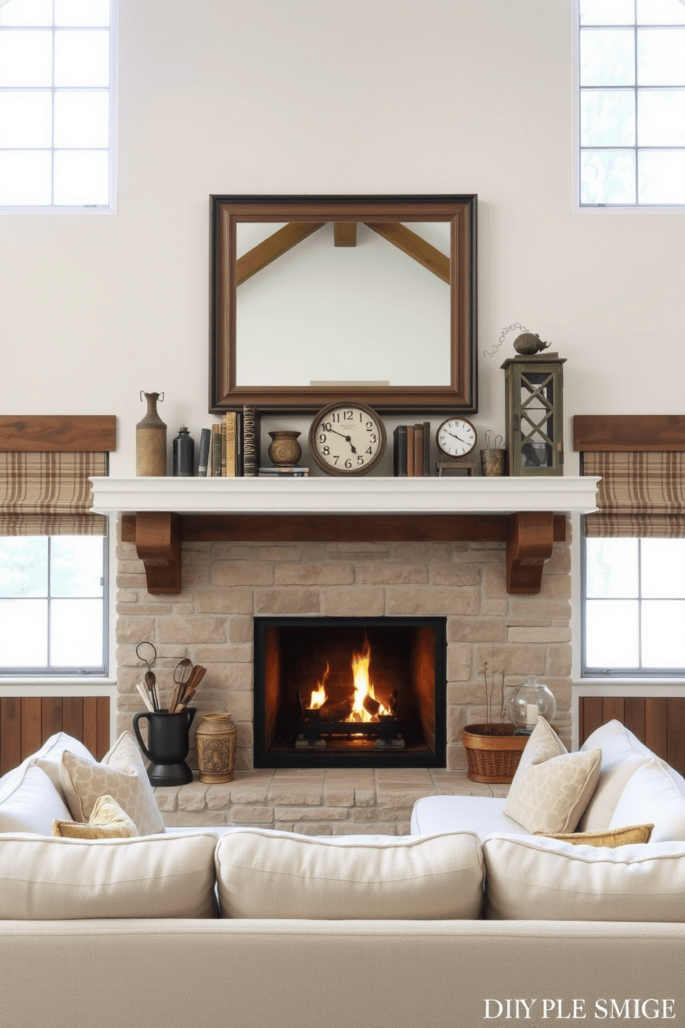 A charming farmhouse-style mantel is adorned with rustic decorative accents, including a collection of vintage books and a weathered clock. Above the mantel, a large, framed mirror reflects the warm glow of the flickering fire in the cozy fireplace. The family room features a comfortable sectional sofa in soft, neutral tones, inviting relaxation and conversation. Large windows allow natural light to flood the space, highlighting the beautiful wooden beams that add character to the room.