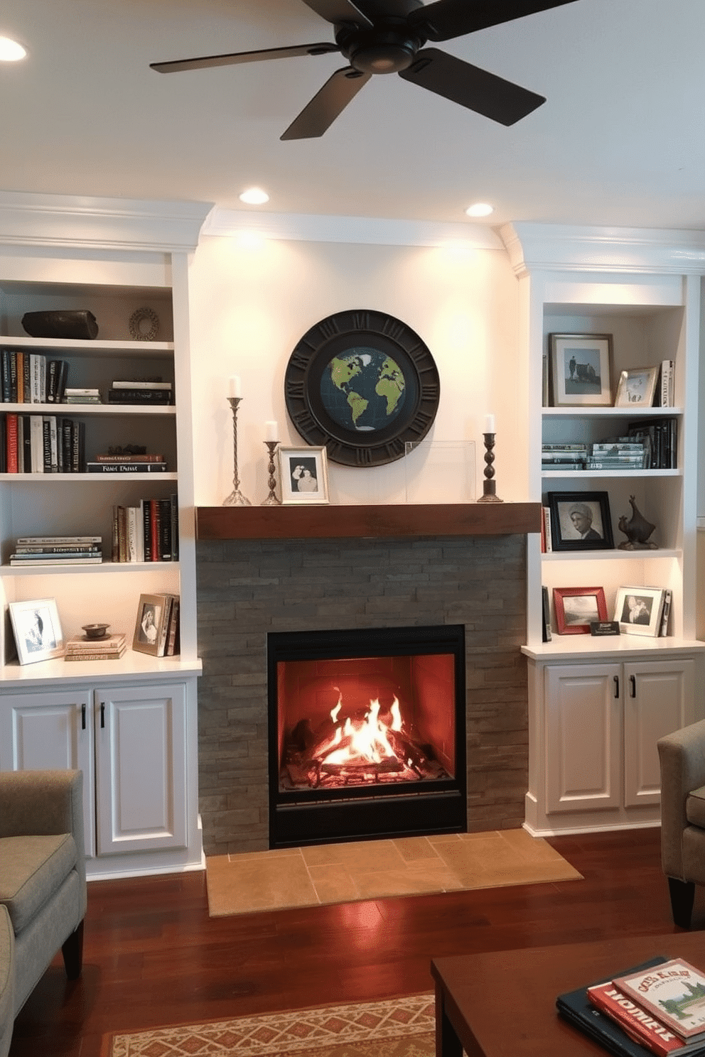 A cozy family room features built-in shelves flanking a modern fireplace, creating a warm and inviting atmosphere. The shelves are filled with books, decorative items, and family photos, while the fireplace is framed with sleek stone tiles for a contemporary touch.