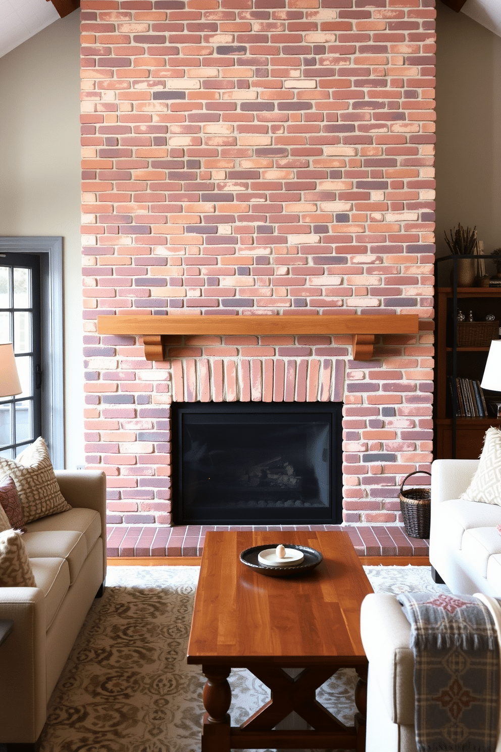 A classic brick fireplace with a warm finish serves as the focal point of the family room, surrounded by cozy seating arrangements. The space features a soft area rug, complemented by a mix of textured throw pillows and a wooden coffee table, creating an inviting atmosphere.