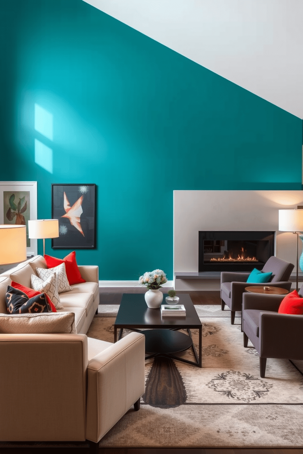 A vibrant accent wall painted in deep teal serves as a stunning backdrop for the modern fireplace, which features a sleek, minimalist design. The family room is adorned with a plush sectional sofa in neutral tones, accented by colorful throw pillows that complement the wall. A stylish coffee table sits at the center, surrounded by contemporary armchairs that invite relaxation. Soft lighting from stylish floor lamps enhances the cozy atmosphere, while a large area rug ties the space together, adding warmth and texture.