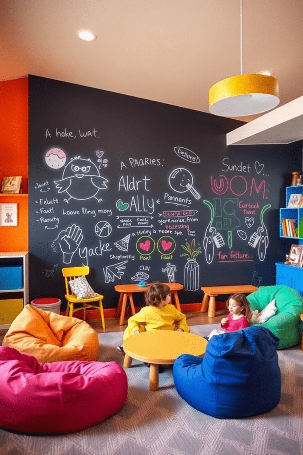 A vibrant family room playroom features an interactive chalkboard wall that encourages creativity and artistic expression. The space is filled with colorful furniture, including bean bags and a cozy reading nook, creating an inviting atmosphere for children to play and learn.