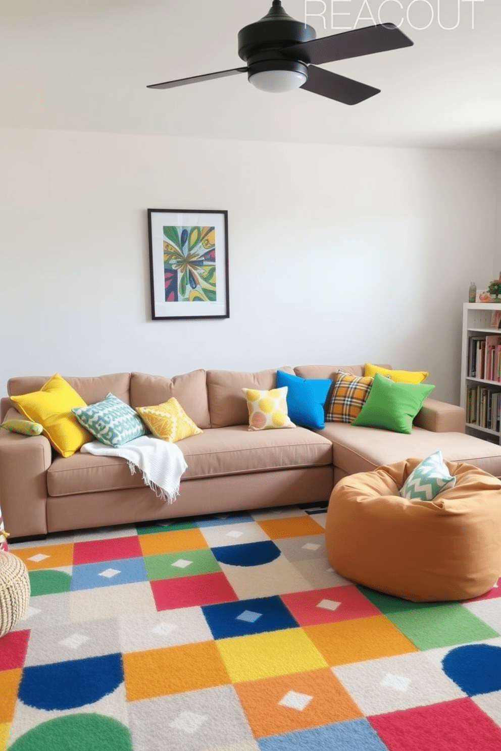 Bright accent pillows in vibrant colors, such as sunny yellows, bold blues, and lively greens, are scattered across a plush sectional sofa, creating an inviting and cheerful atmosphere. The walls are painted in soft neutrals, allowing the pillows to pop and enhance the playful vibe of the family room. Incorporate playful design elements like a colorful area rug featuring geometric patterns and a mix of textures, adding depth and interest to the space. A cozy reading nook with a bean bag chair and a small bookshelf filled with children's books completes the playroom design, making it a perfect spot for relaxation and creativity.