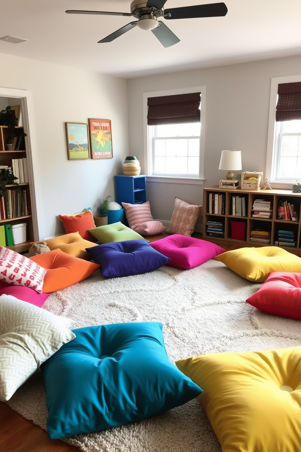 A cozy family room playroom featuring vibrant floor cushions scattered around for casual seating. The cushions come in various colors and patterns, creating a playful atmosphere, while a large, soft area rug anchors the space.