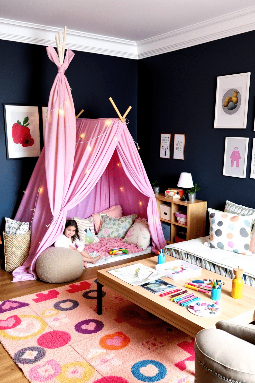 A whimsical play tent nestled in a cozy corner of the family room, adorned with soft pastel fabrics and fairy lights. Surrounding the tent are plush cushions and a colorful rug, creating an inviting hideaway for children to relax and play. The family room features a vibrant playroom design with playful wall art and storage solutions for toys. A low table is set up with art supplies, encouraging creativity, while comfortable seating options provide a welcoming space for family gatherings.