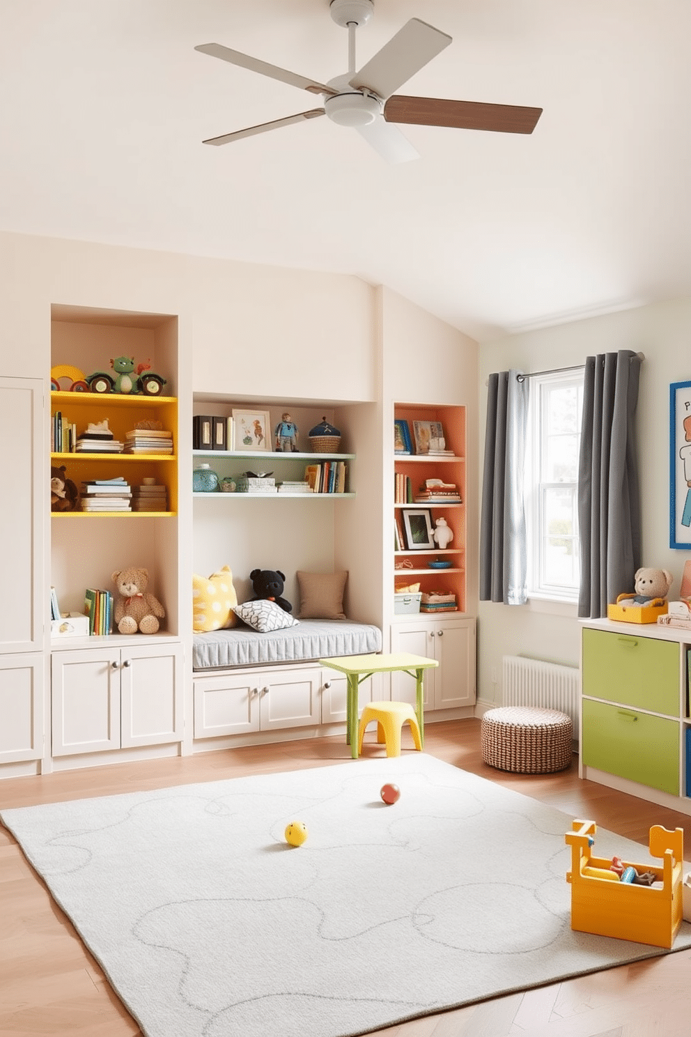 A family room playroom features wall-mounted storage solutions that blend seamlessly with the decor. Brightly colored shelves hold an array of toys and books, while a cozy reading nook is created beneath a large window with soft cushions and a small table. The walls are painted in playful pastel shades, encouraging creativity and fun. A large area rug defines the play space, providing a comfortable surface for children to play on, while whimsical wall art adds a touch of personality.