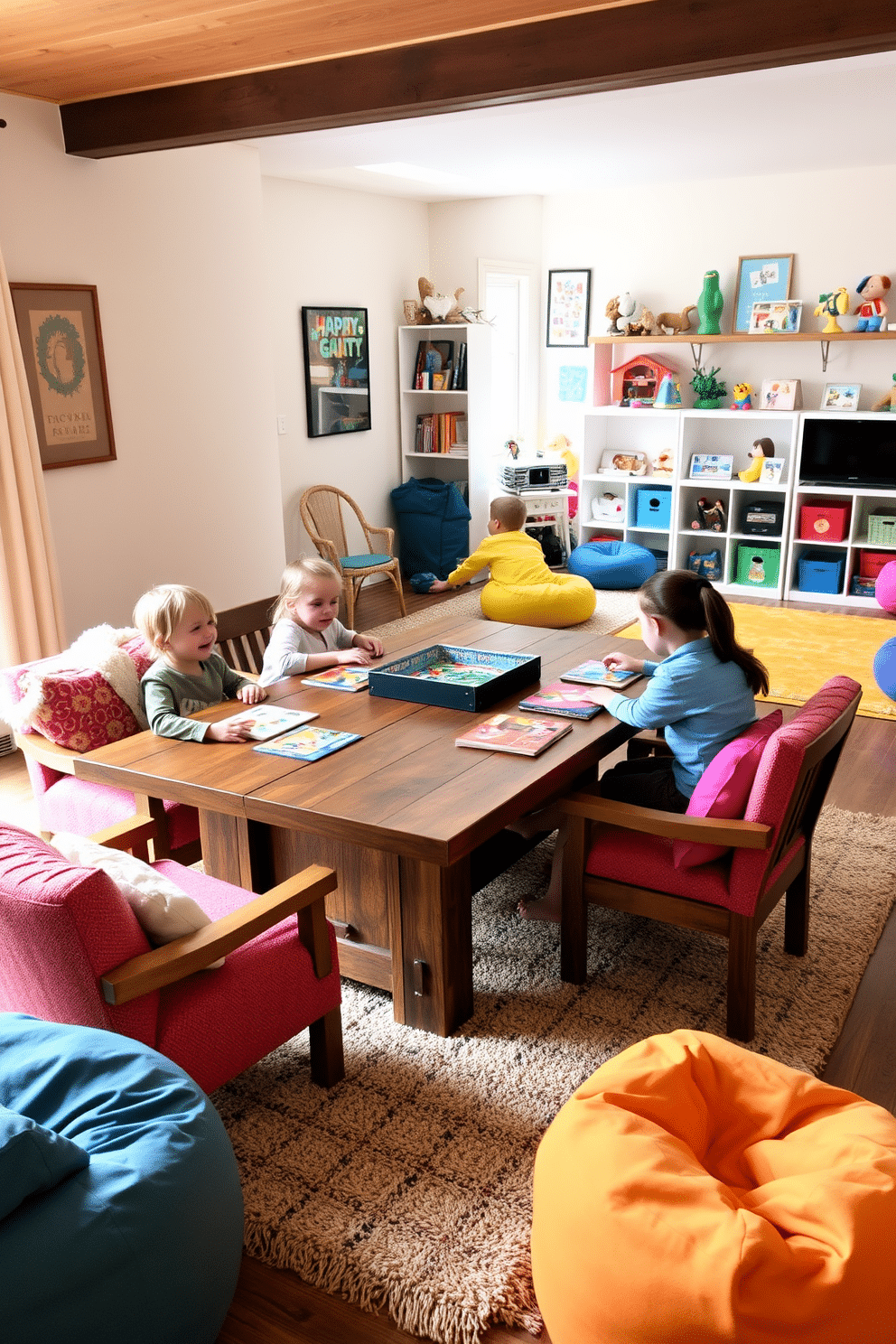 A cozy family game table is set in a warm, inviting space, surrounded by plush chairs that encourage laughter and connection. The table is made of reclaimed wood, featuring a rustic finish, and is adorned with board games and colorful cushions for added comfort. The family room playroom is designed with vibrant colors and playful decor, creating an atmosphere of joy and creativity. Soft rugs cover the floor, and shelves are filled with toys and books, while bean bags provide casual seating for family members to relax and enjoy their time together.