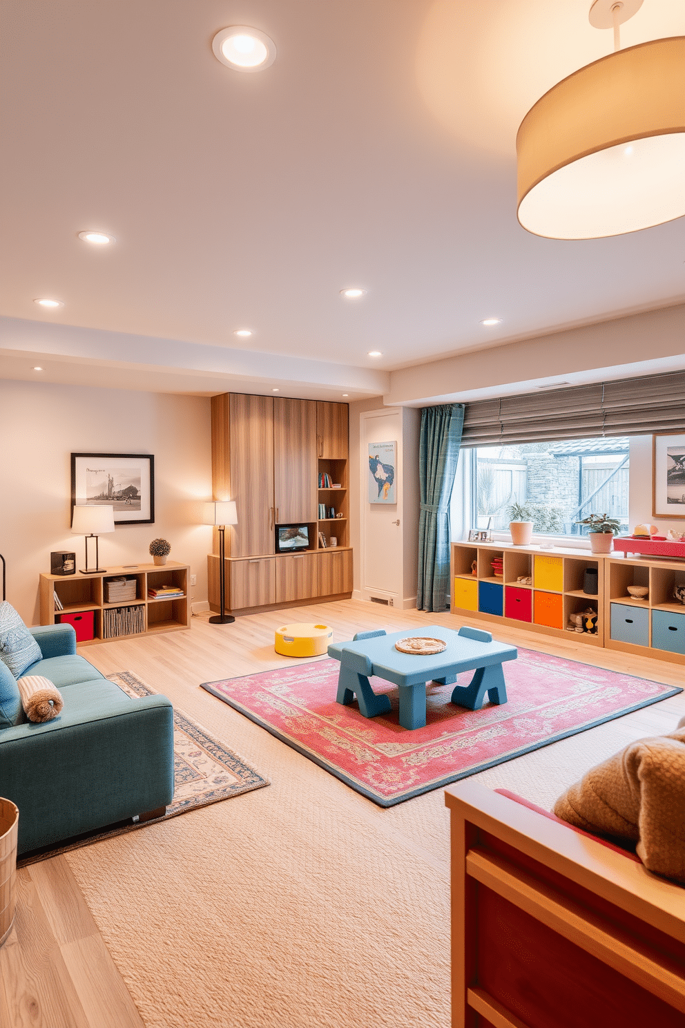 A versatile family room designed for various activities. The space features adjustable lighting options, including recessed lights and floor lamps, allowing for a cozy movie night or an energetic play session. The playroom is bright and colorful, with dedicated zones for different activities. Soft, durable rugs define the areas, while playful wall art and storage solutions keep the space organized and inviting.