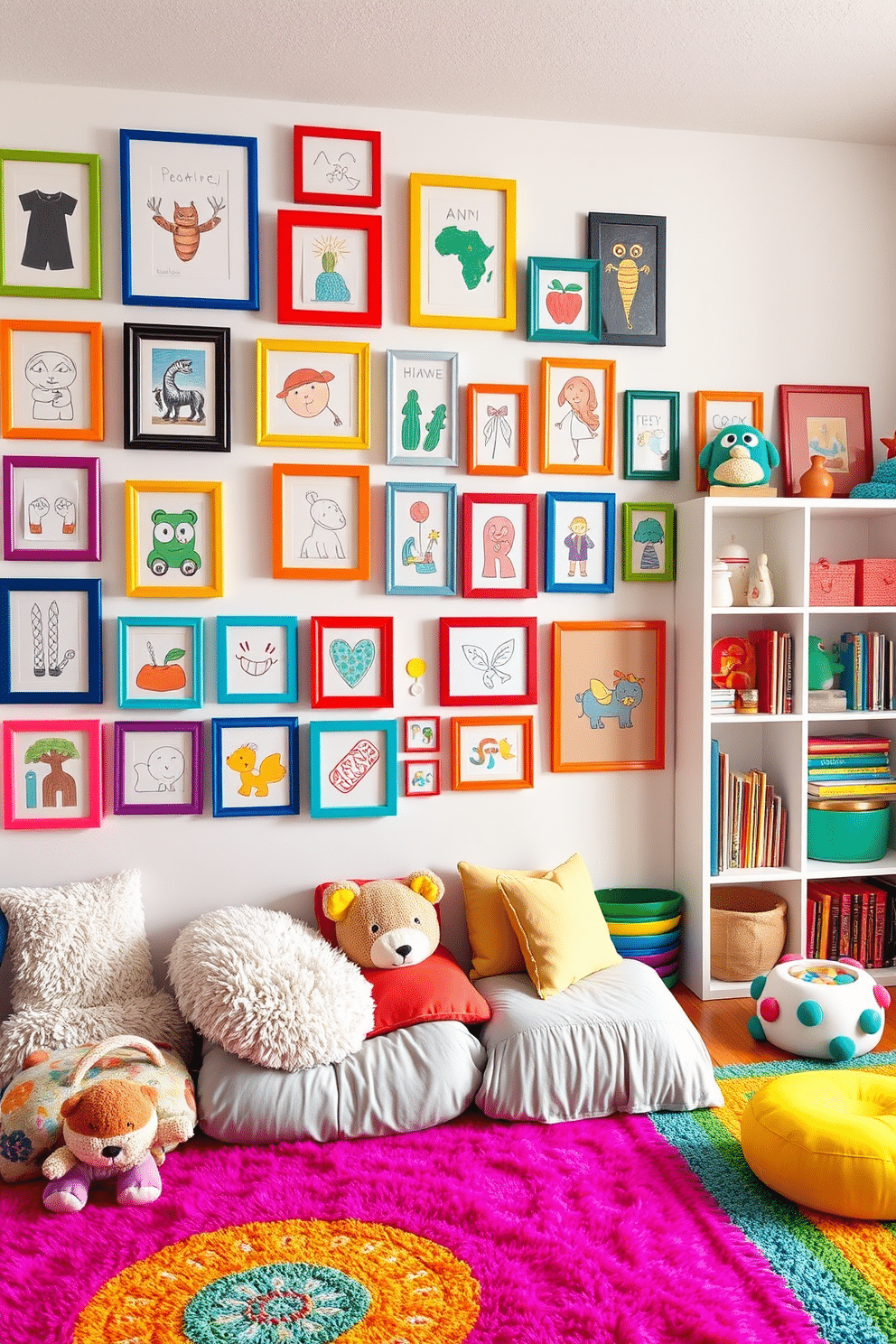 A vibrant gallery wall showcasing an array of kids' artwork, framed in colorful frames that complement the playful theme. The wall features a mix of drawings, paintings, and crafts, creating an inspiring and joyful atmosphere. A cozy family room designed as a playroom, filled with soft, plush seating and playful decor. Brightly colored rugs and cushions provide a comfortable space for children to play, while shelves display toys and books for easy access.