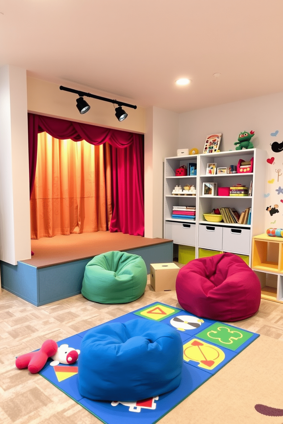 A vibrant mini stage designed for performances and playtime, featuring a colorful backdrop with whimsical patterns. The stage is equipped with soft, cushioned flooring and adjustable spotlights to create a dynamic atmosphere for children’s shows. The family room playroom combines comfort and creativity, showcasing a cozy seating area with plush bean bags and a large, interactive play mat. Brightly colored shelves are filled with toys and books, while playful wall decals add a fun touch to the space.