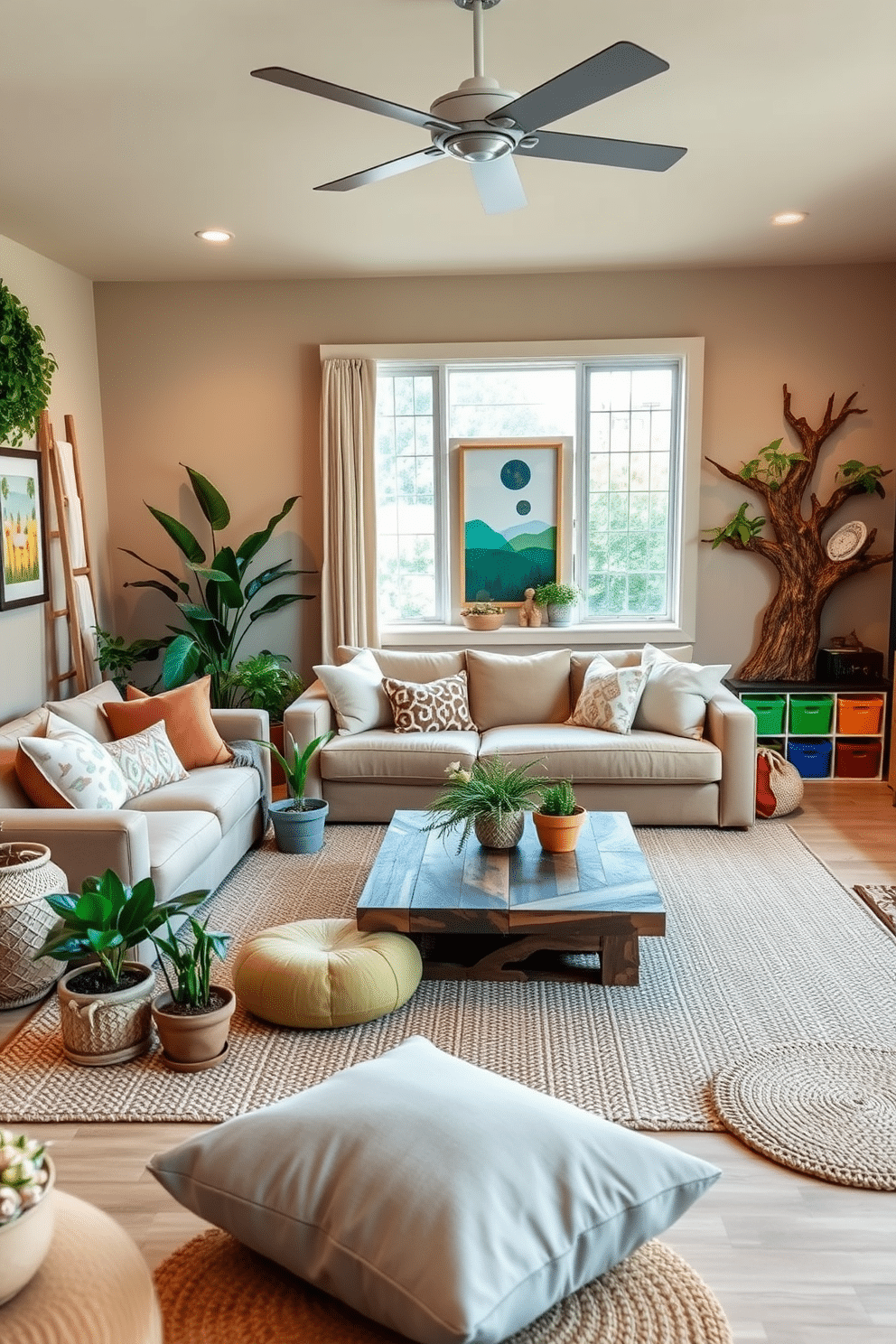 A serene family room adorned with nature-inspired decor. Soft earth tones dominate the palette, featuring a plush beige sectional sofa and a reclaimed wood coffee table surrounded by potted plants and natural fiber rugs. The playroom is designed to be a vibrant yet calming space for children. Brightly colored storage bins and wall art inspired by nature create an inviting atmosphere, while a cozy reading nook with a tree-shaped bookshelf encourages creativity and relaxation.