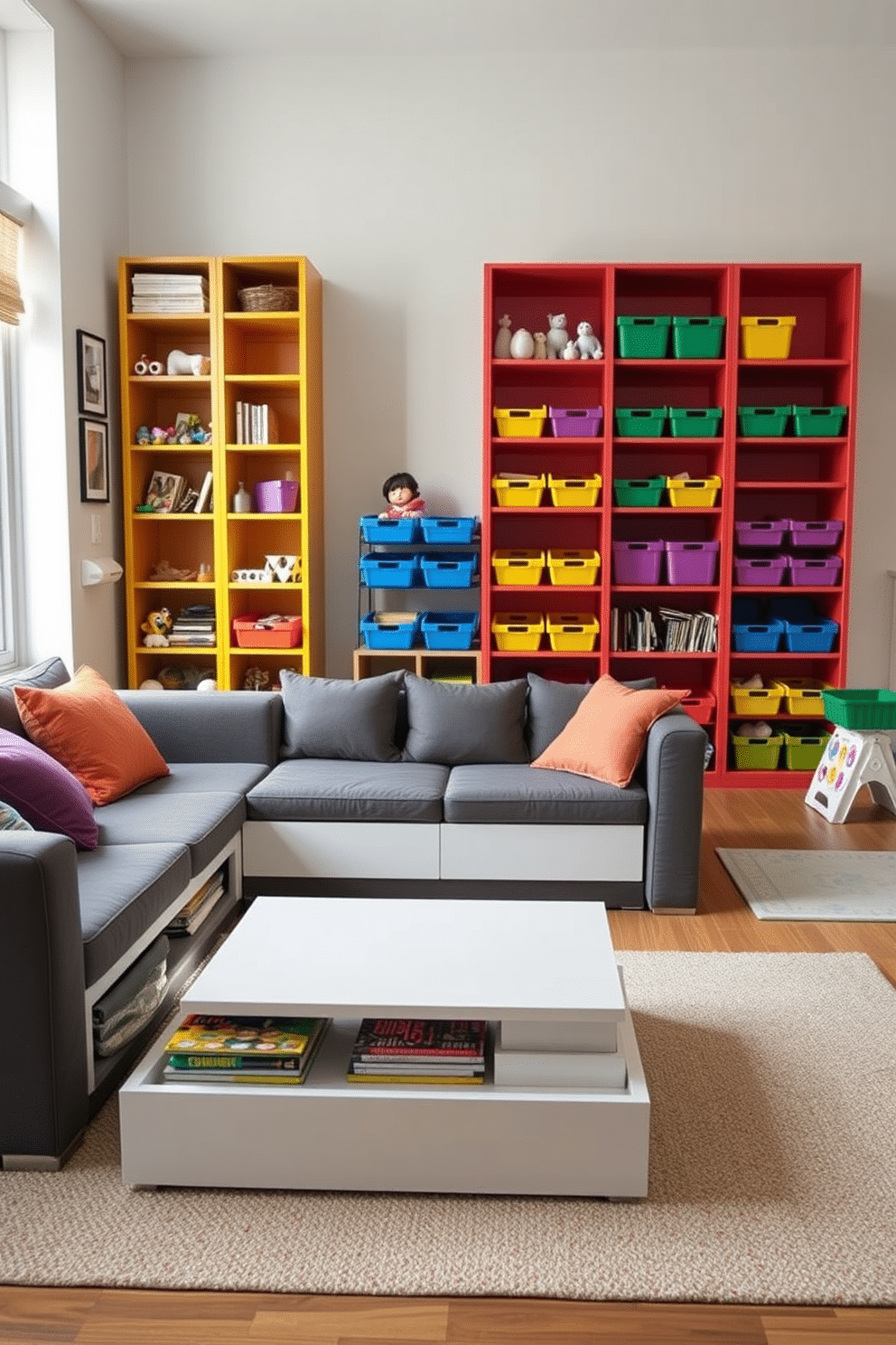 A stylish family room features a multifunctional sofa that converts into a bed, with built-in storage compartments underneath for blankets and games. A sleek coffee table doubles as a storage unit, providing a place for books and toys while maintaining a clean aesthetic. In the playroom, vibrant shelving units display colorful bins for easy organization of toys and art supplies. A foldable play mat is neatly tucked away in a corner, ready to transform the space into an inviting area for creativity and fun.