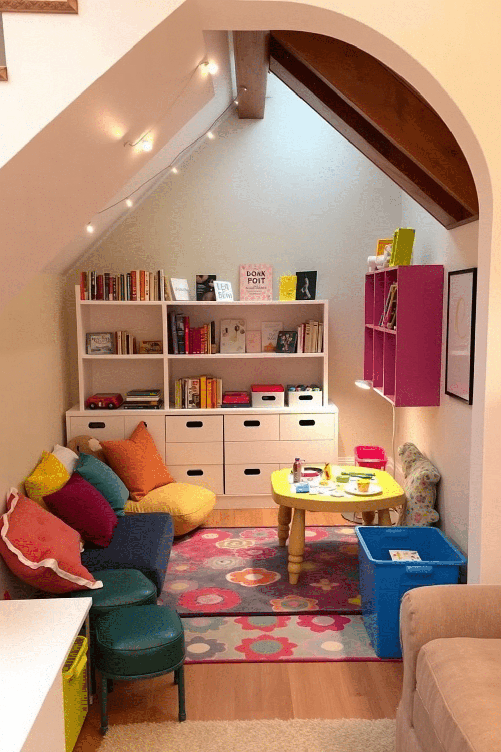 A cozy under-stair play area designed for imaginative play, featuring soft, colorful cushions and shelves filled with books and toys. The walls are painted in a cheerful pastel hue, and string lights create a warm ambiance, inviting children to explore and create. In the family room, a dedicated playroom area showcases a vibrant rug and a small table with art supplies, encouraging creativity and collaboration. Brightly colored storage bins keep toys organized, while a comfortable seating nook offers a perfect spot for reading and relaxation.