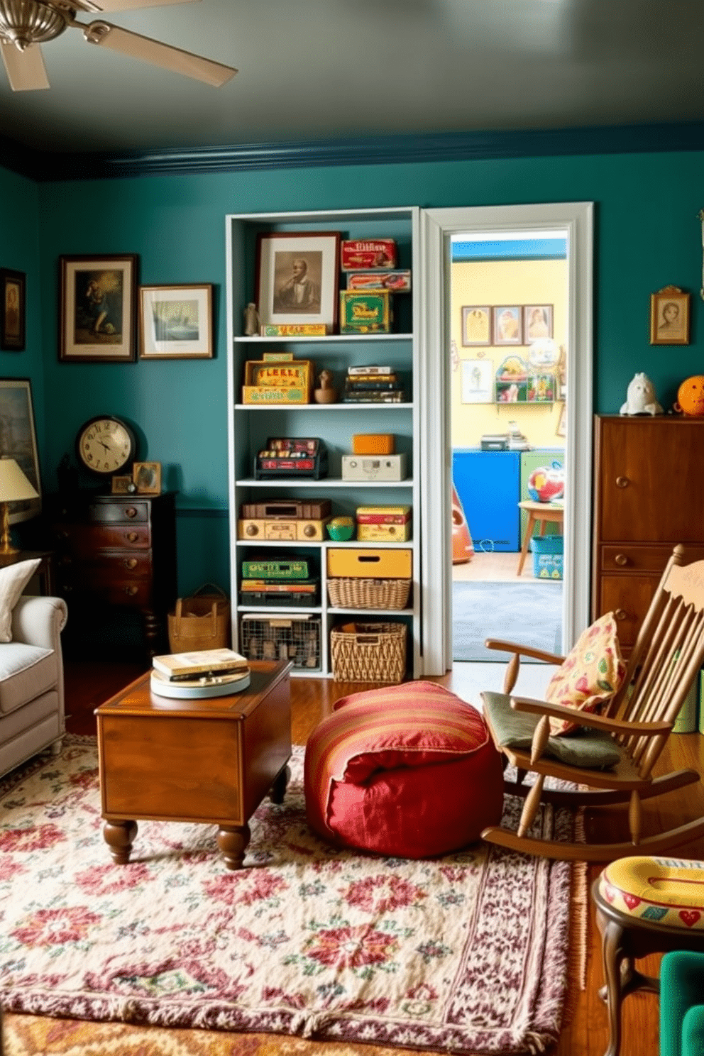 A cozy family room features vintage furniture that adds unique character and charm. A plush, patterned area rug anchors the space, while a mix of antique and modern pieces creates an inviting atmosphere. The playroom is designed with vibrant colors and playful elements, incorporating vintage toys displayed on open shelving. Soft seating options, like a retro bean bag and a classic rocking chair, invite children to relax and play.