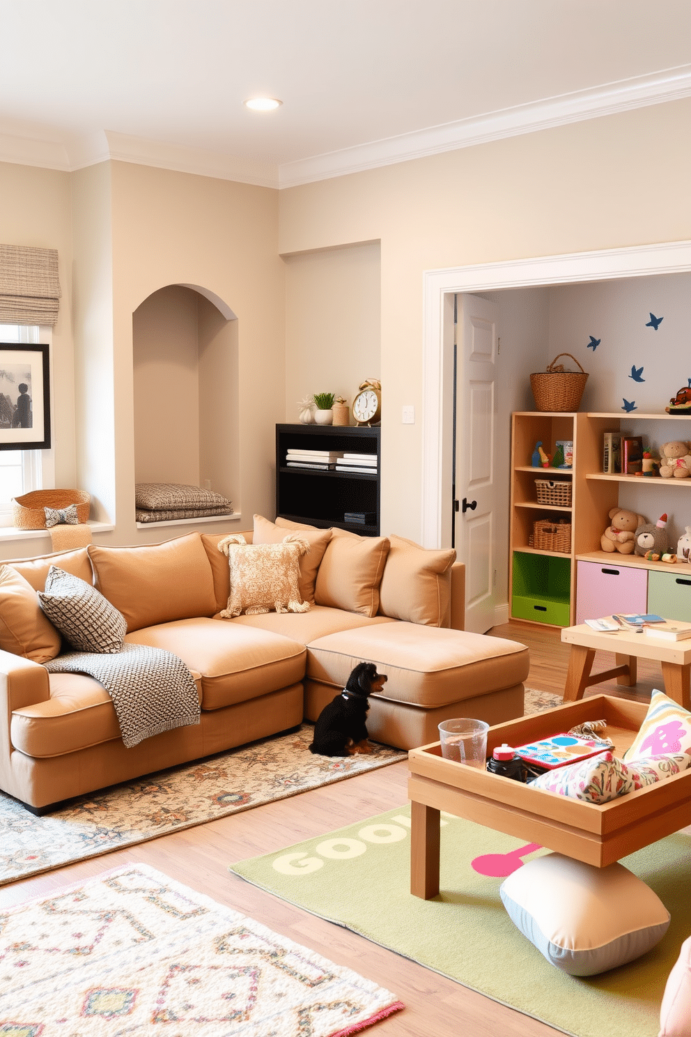 A cozy family room designed with an incorporated pet area features a plush sectional sofa in a warm neutral tone, surrounded by soft area rugs for comfort. In one corner, a stylish pet bed complements the decor, while a built-in nook with toys and storage keeps the space organized and inviting. The playroom is vibrant and playful, with colorful wall decals and a mix of soft flooring for safety. A dedicated corner includes a low table with art supplies and a cozy reading nook filled with cushions, ensuring a fun and creative environment for children and their pets to enjoy together.